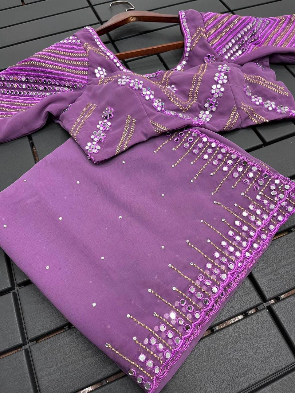 Women’s Pure Georgette Saree with Embroidery and Real Mirror Work, Matching Blouse