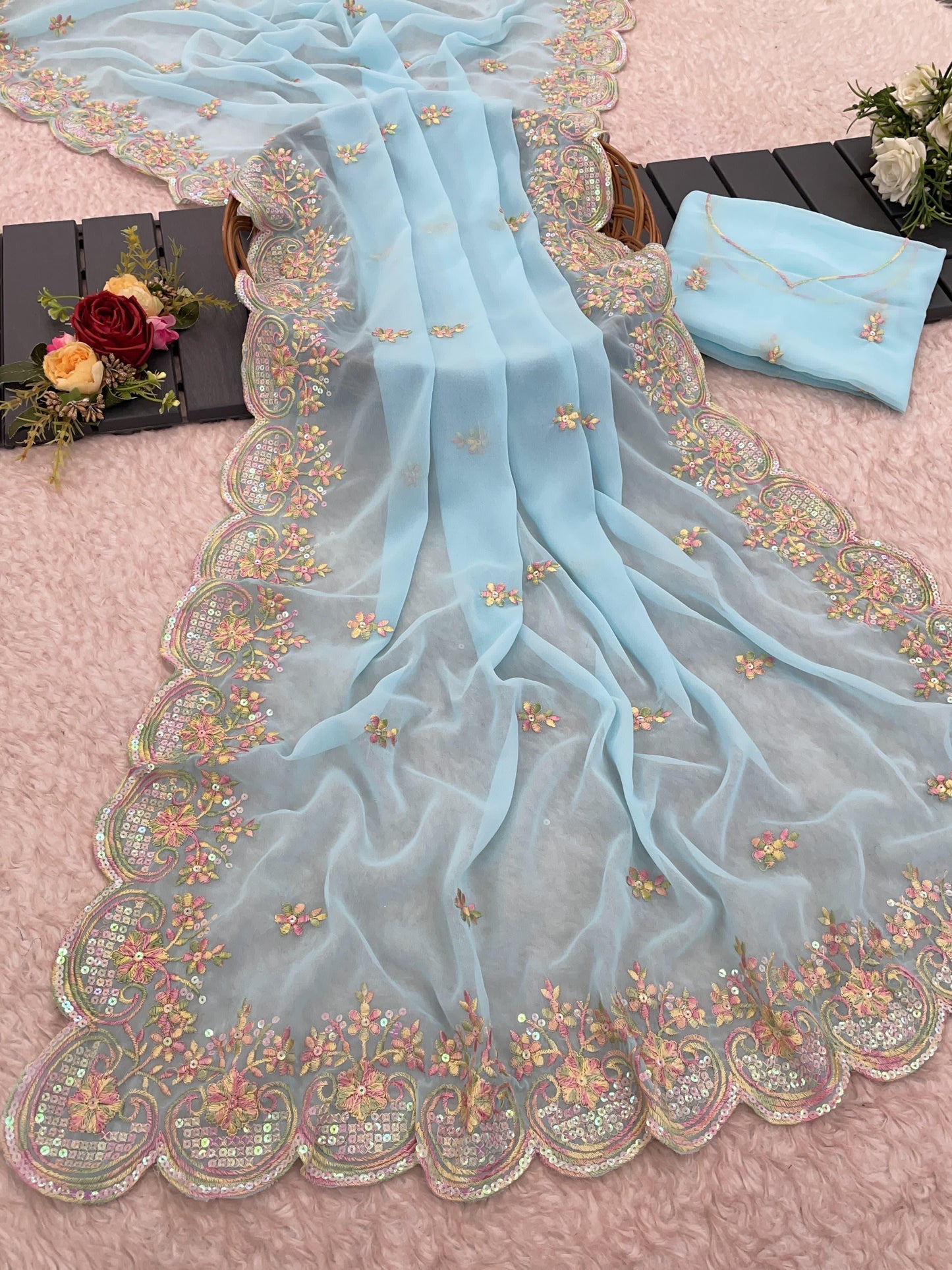 Pure Georgette Embroidered Saree with Butta Work