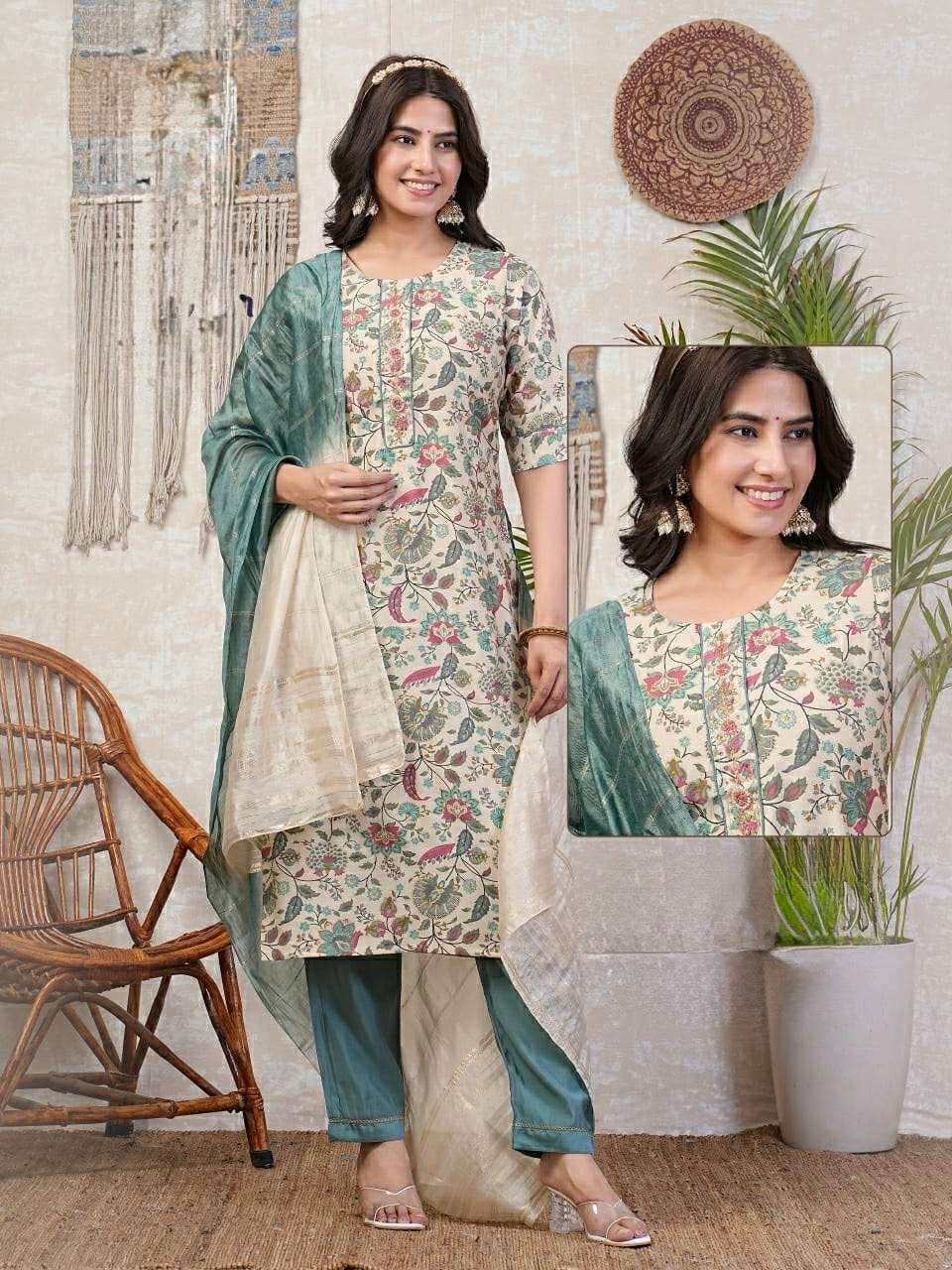 Chanderi Foil Print Kurti Set with Silk Bottom and Jacquard Sequins Dupatta – Women’s Sizes L, XL