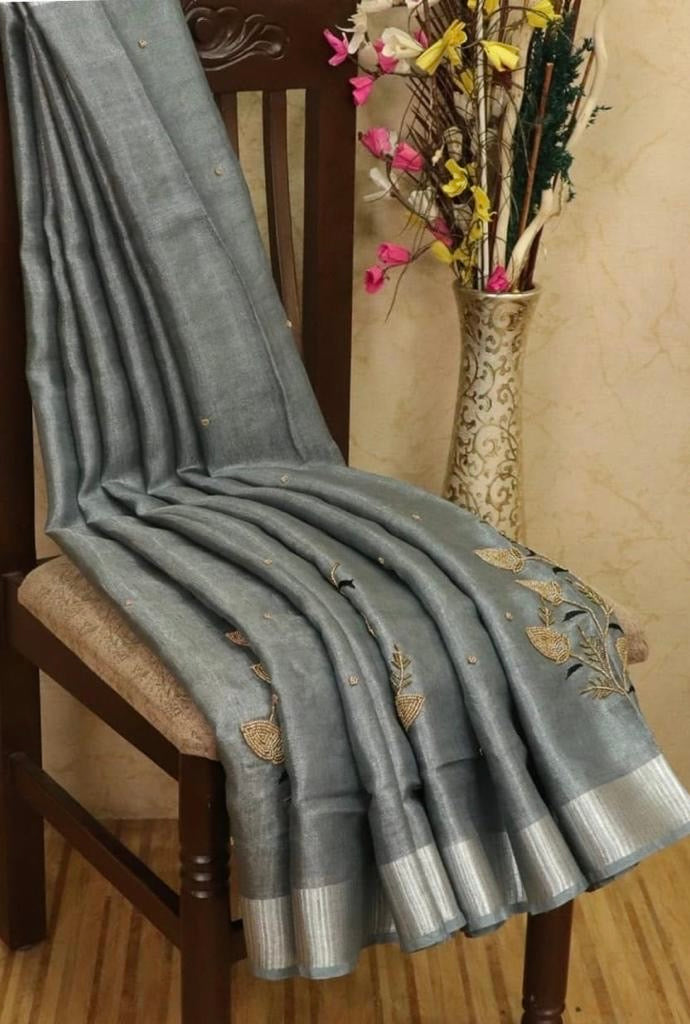 Pure Tissue 150 Count Linen Handloom Saree with Handwork and Running Blouse for Women