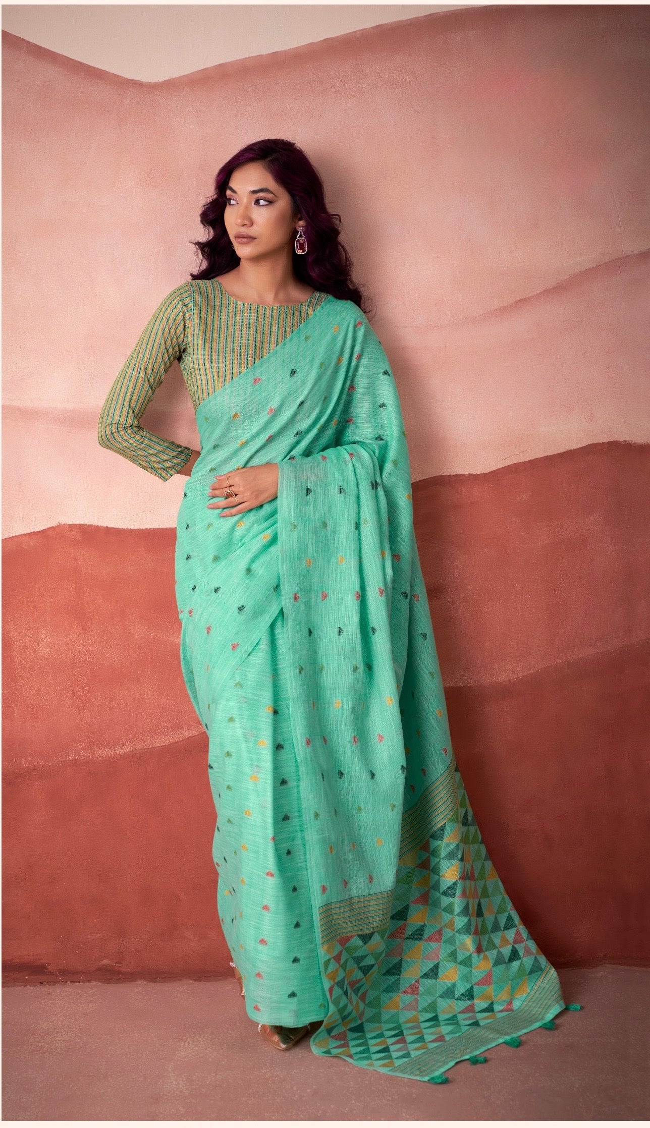 linen silk printed saree with geometric pallu and multicolor motifs – ethnic wear for women