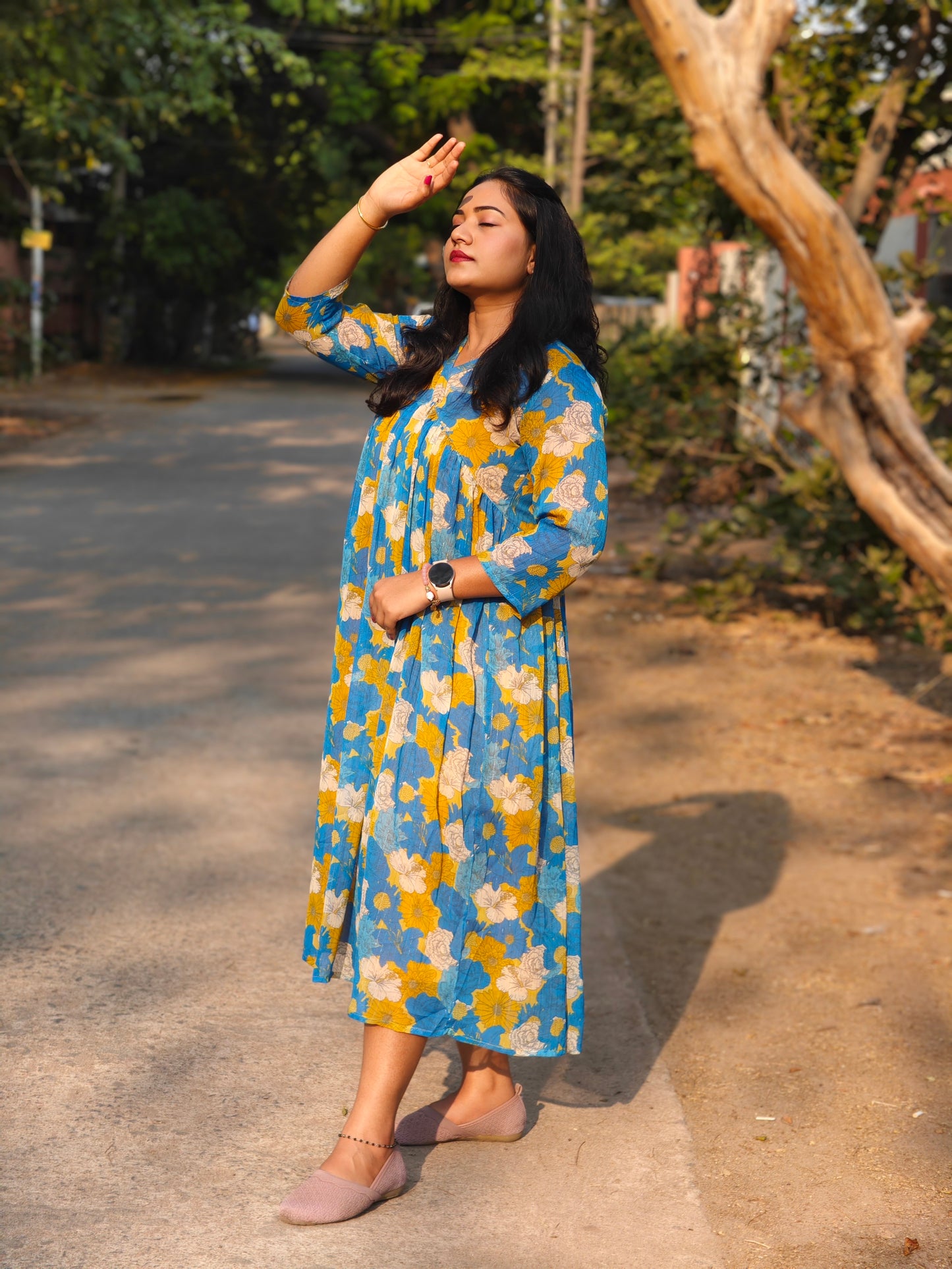 Blue Chiffon Lurex Floral Printed Flared Dress