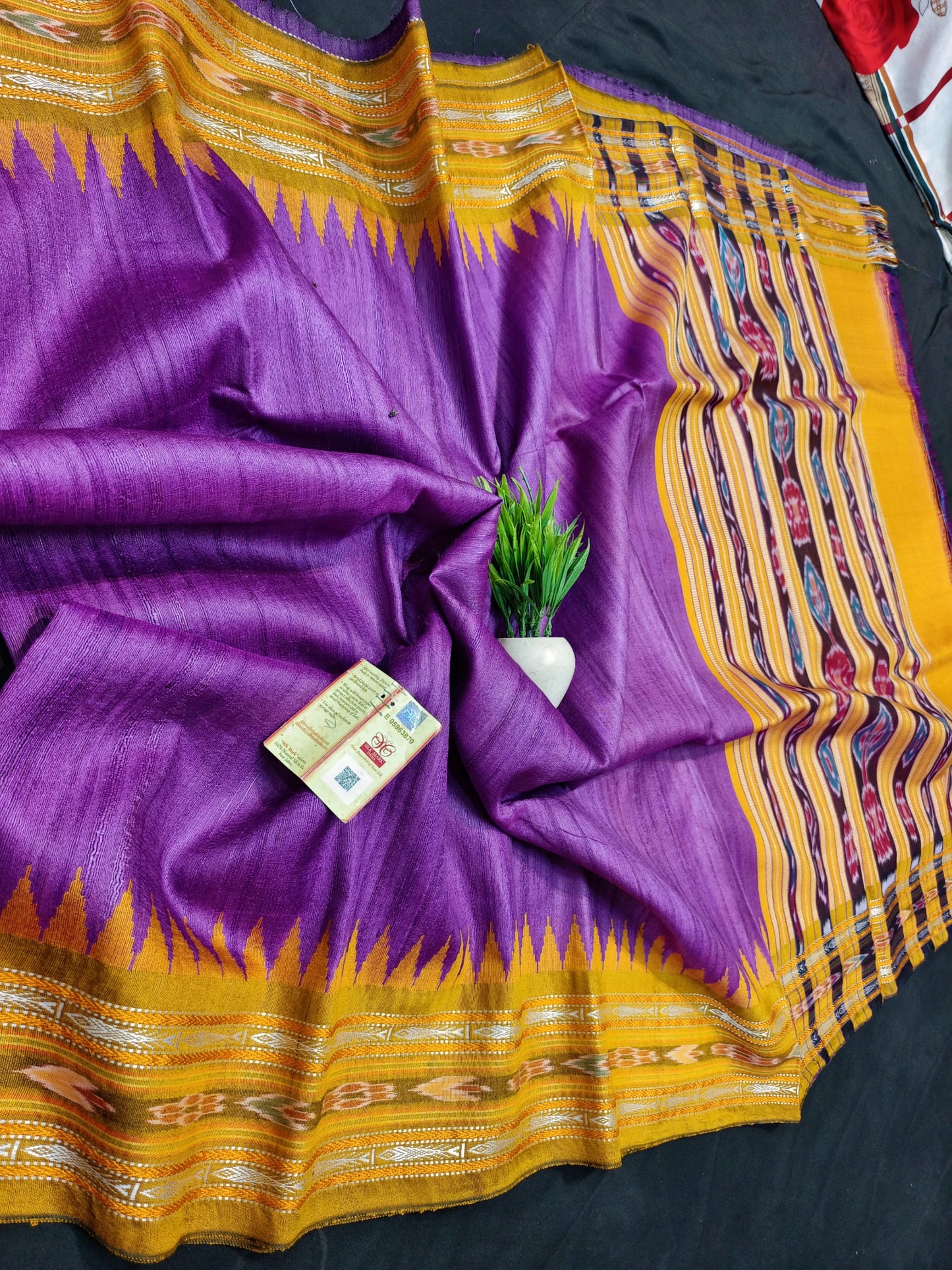 CLEARANCE SALE Elegance Embroidered Handloom Tussar Silk Saree with Ikkat and Vidarbha Temple Border