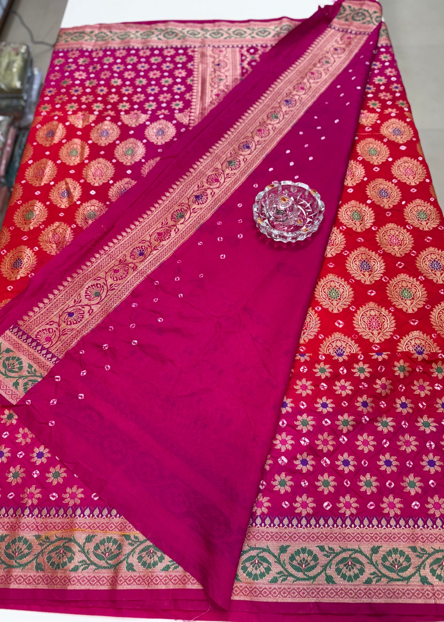 Banarasi dupiyan bandhani saree with semi-weaving neemjari work and hand chunri craftsmanship