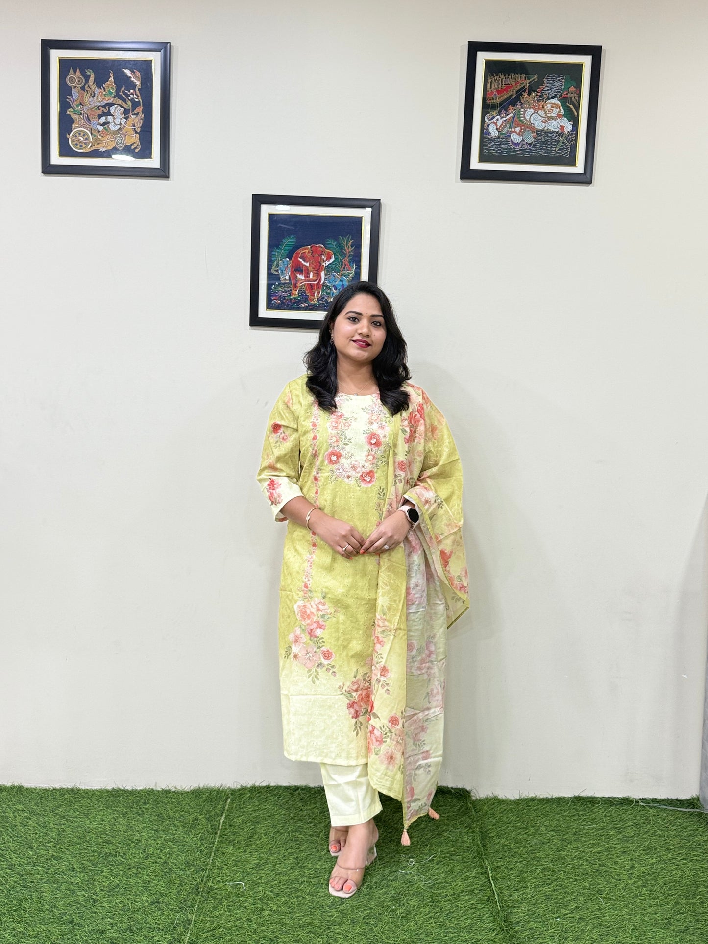 Women’s Linen Schiffli Embroidered Kurta Set with Cotton Pant and Viscose Mal Dupatta – L to 3XL