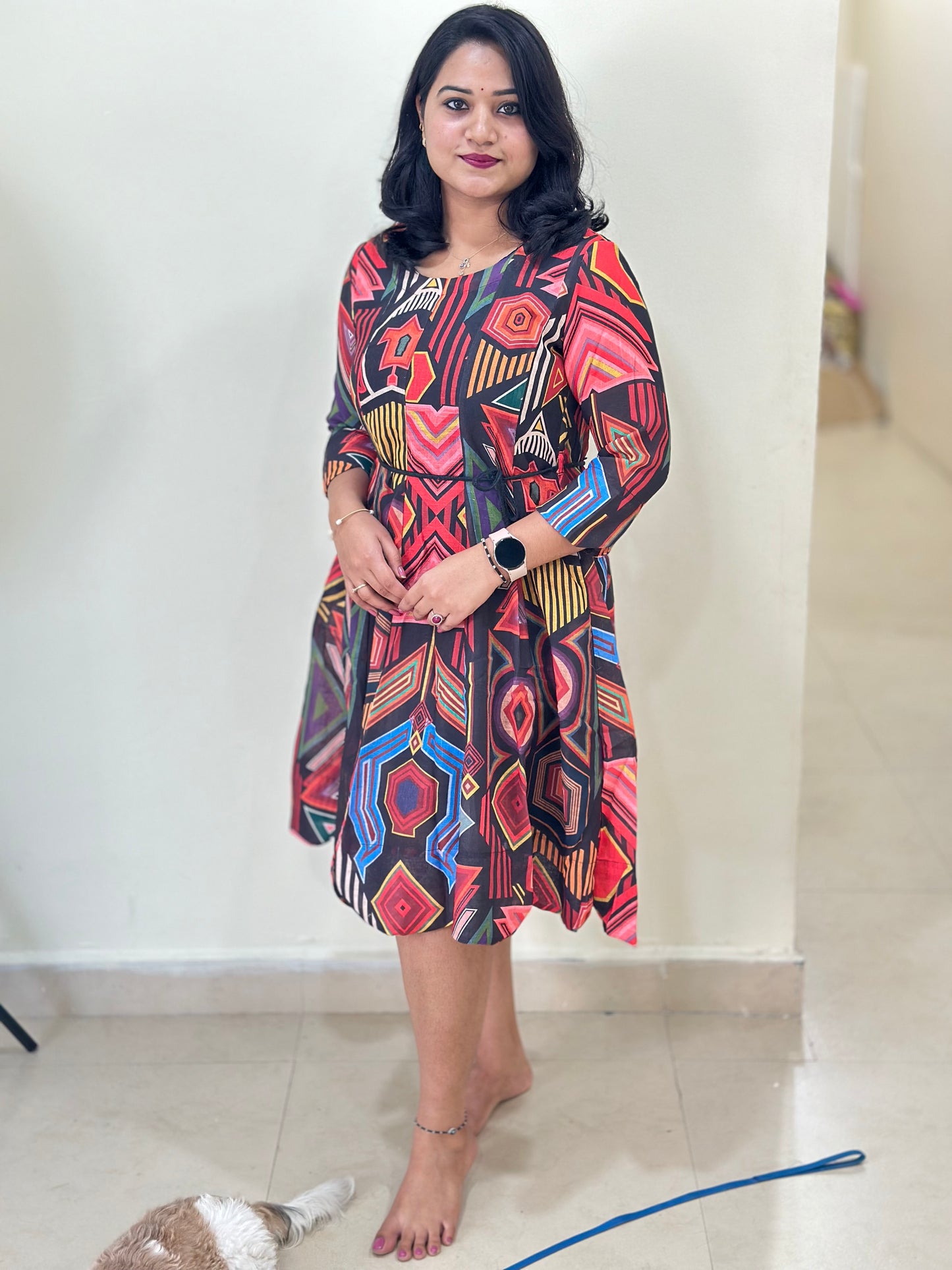 Vibrant Indo-Western Cotton Linen Midi Dress with Geometric Print