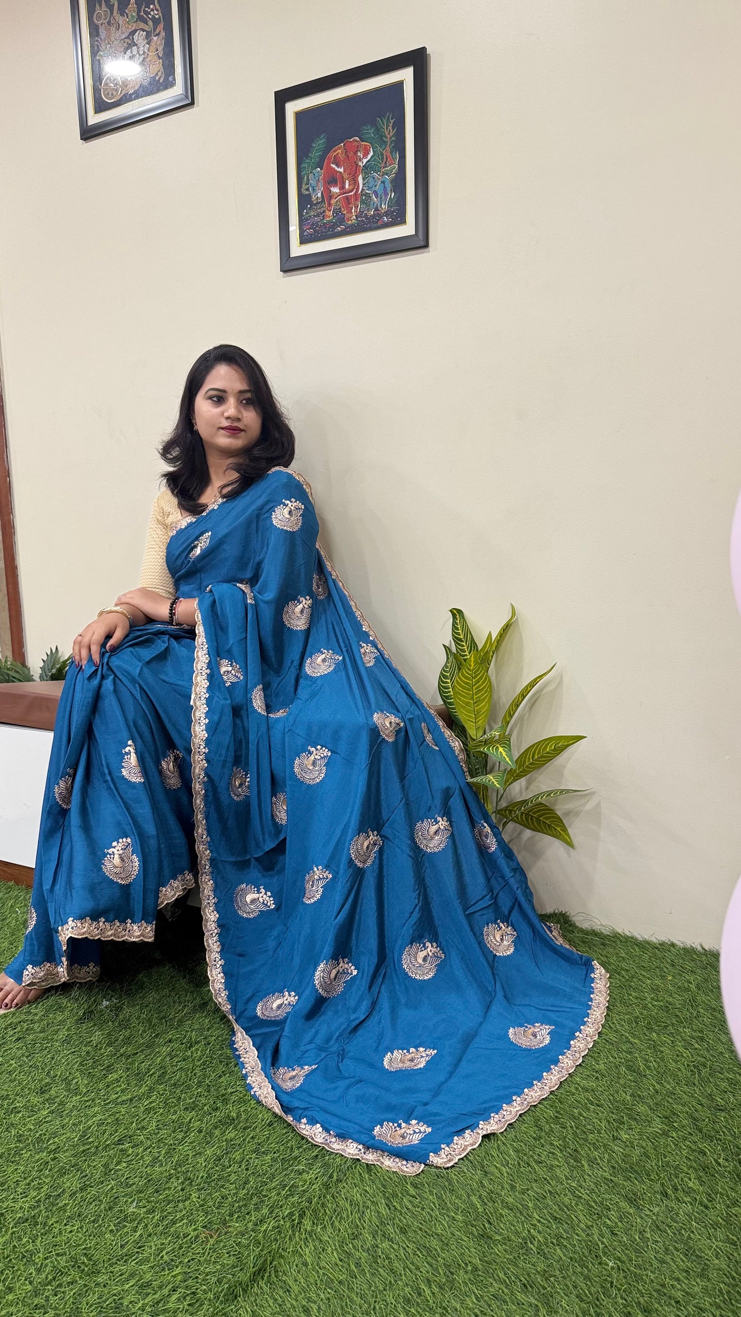 Embroidered Chinnon Fancy Saree