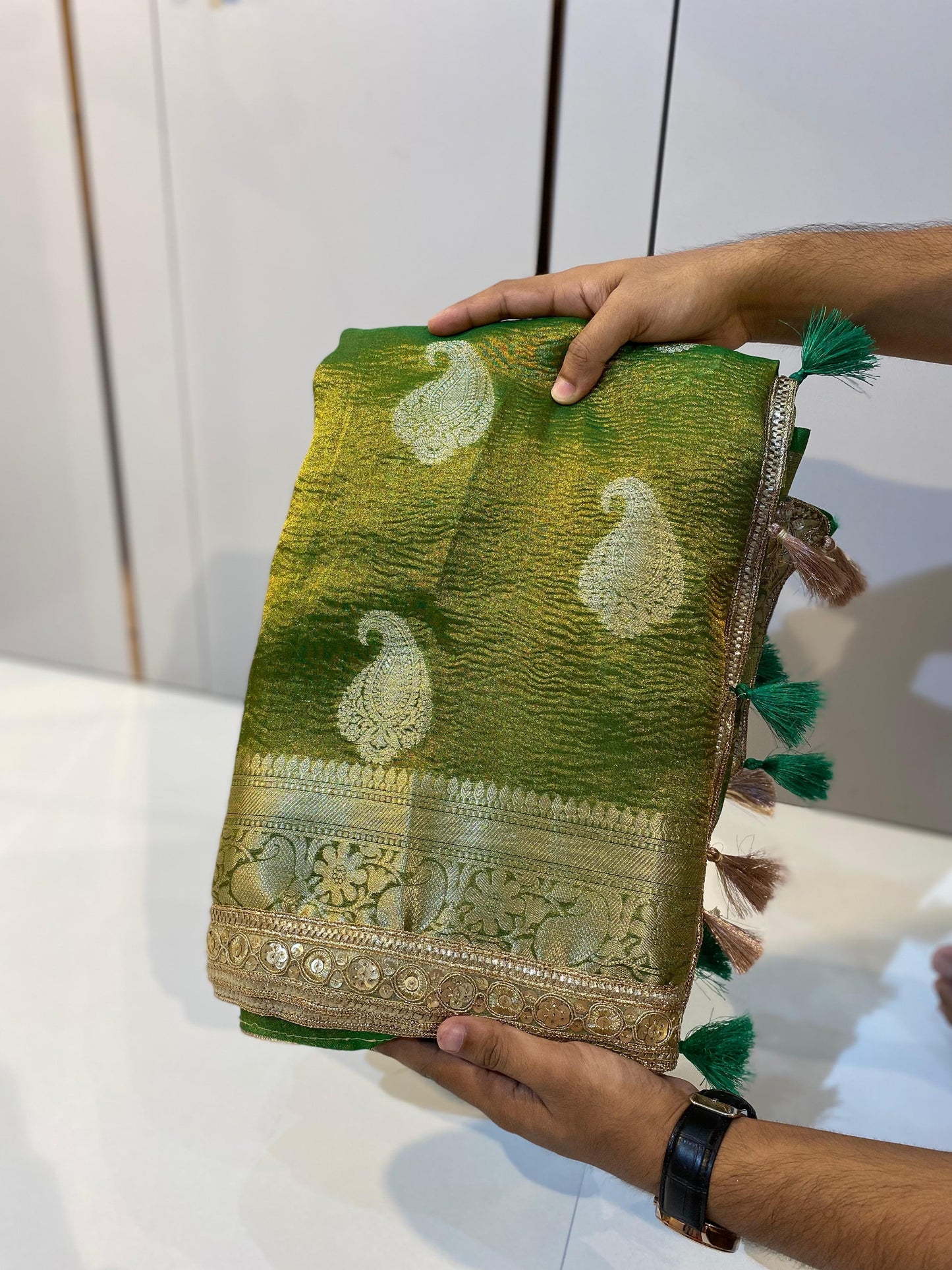Most Demanded Pattern Banarasi Tissue Crush Silk Saree - No COD for This product