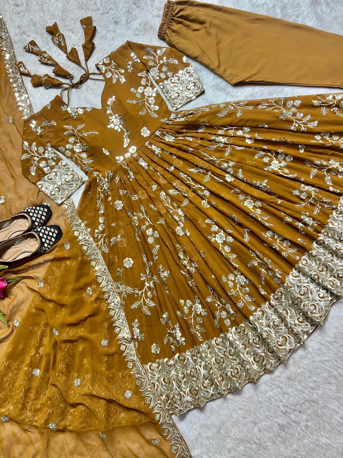 Faux Georgette Anarkali Suit with Sequins Embroidery, Cotton Pants and Dupatta for Women