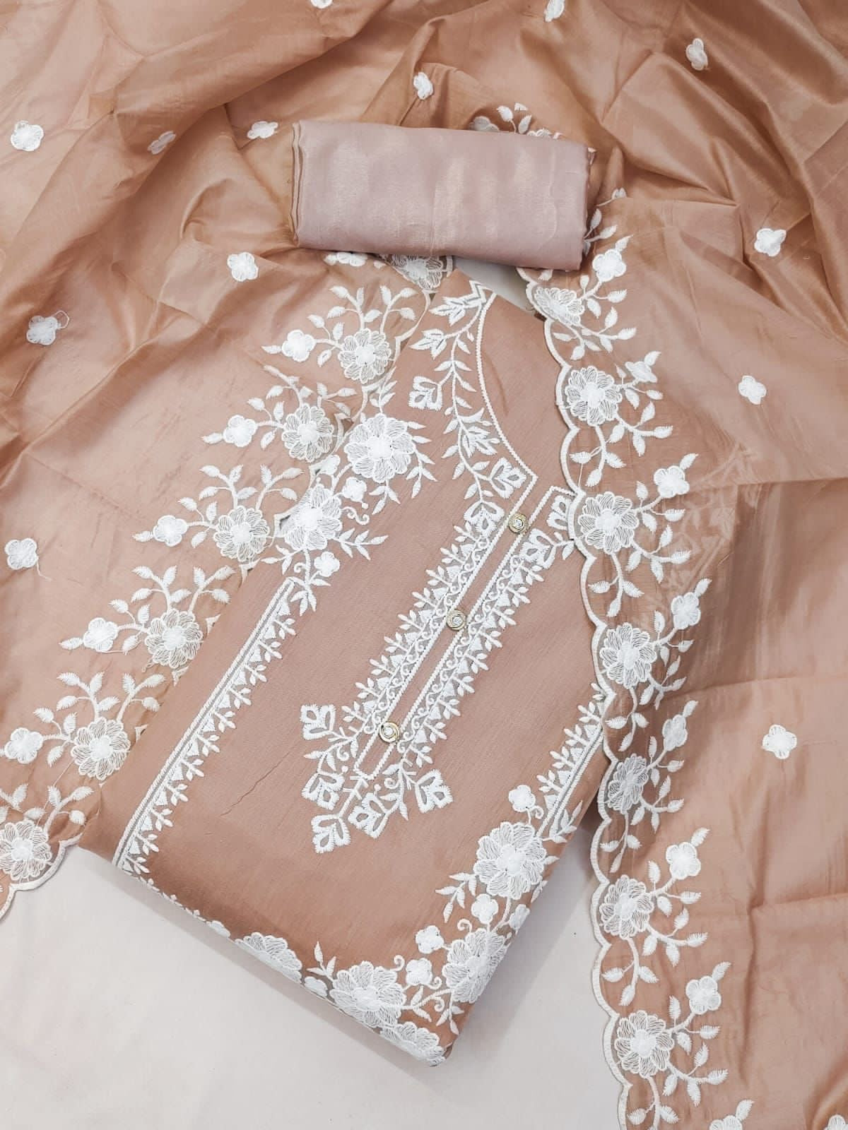 Unstitched Modal Embroidered Dress Material with Santoon Inner & Bottom and Chanderi Embroidered Dupatta