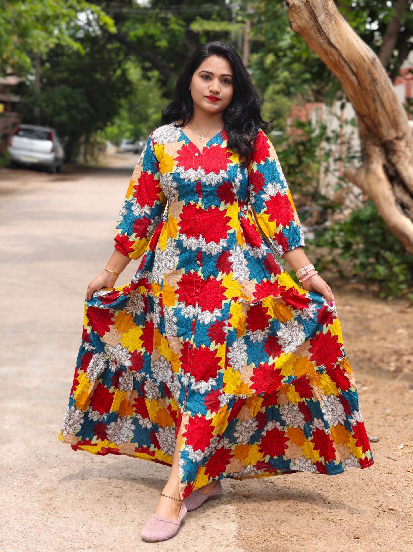 Radiant Blooms Floral Panelled Flared Dress MF4410