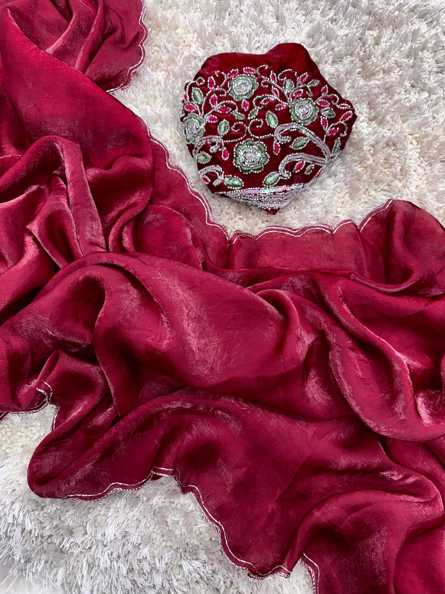 Pure Space Silk Saree with All-Over Pattern, Arco Border and Heavy Embroidered Blouse