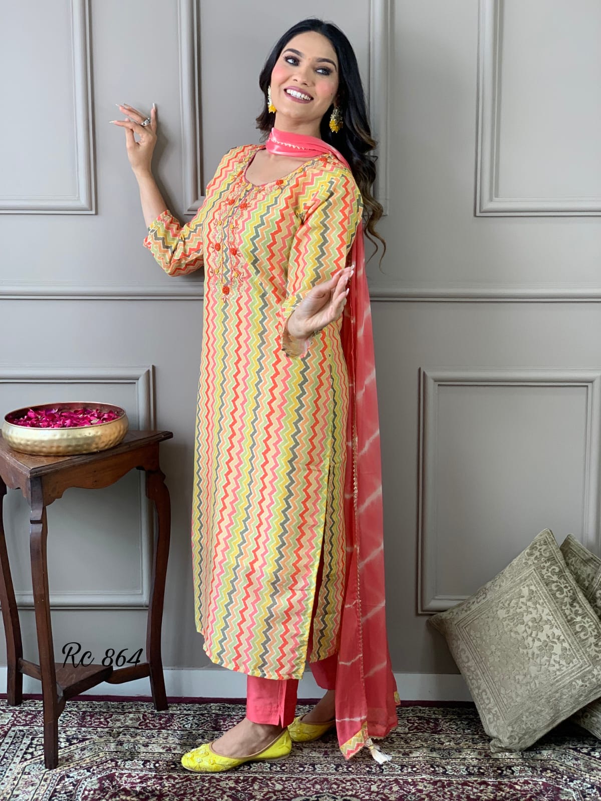 Chanderi Silk Digital Print Kurta Pant Dupatta Suit Set with Embroidery and Chiffon Dupatta – Sizes 38 to 44