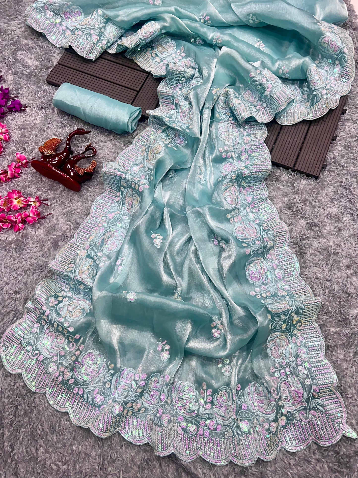 Heavy Berberry Silk Saree with Multicolored Thread and Sequin Embroidery – Festive and Wedding Wear