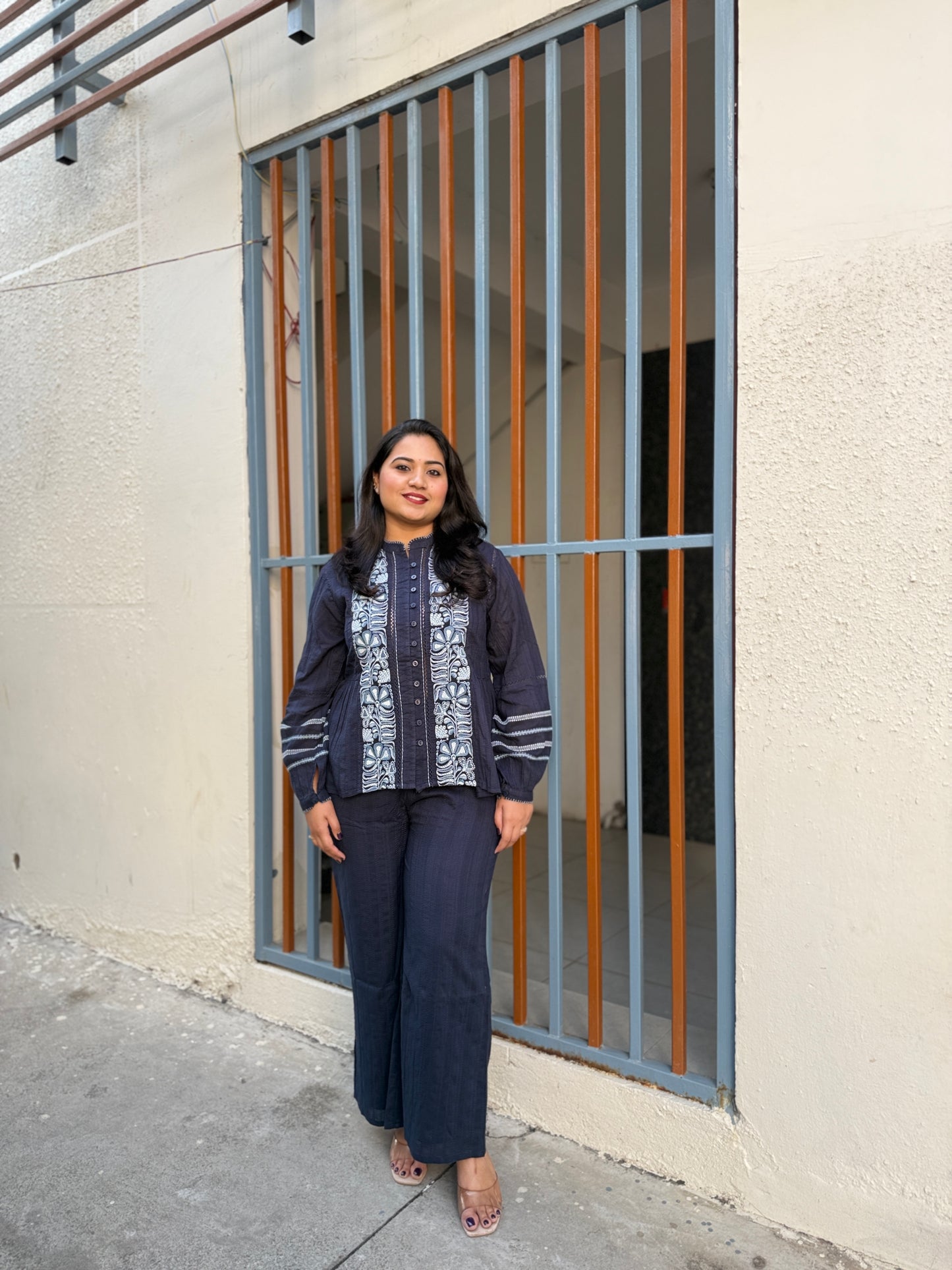 Women’s cotton hand-embroidered navy co-ord set with peplum top and straight pants, size 38–44