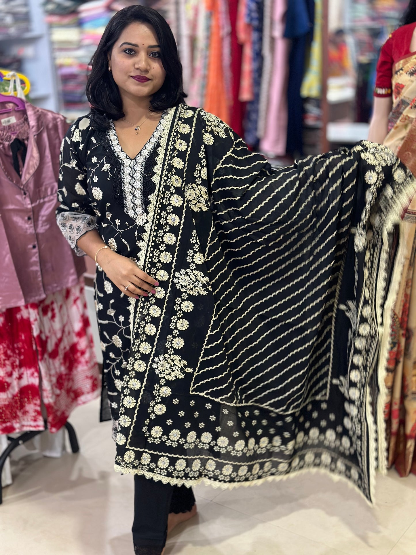 Elegant Black Mul Cotton Designer Suit Set with Intricate Lace and Embroidery