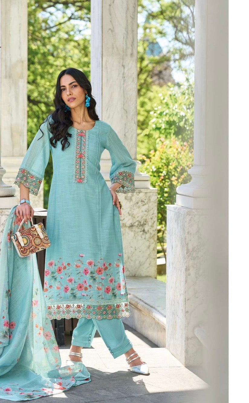 Pure linen fabric with digital prints, pure hand-thread work, and accessory work