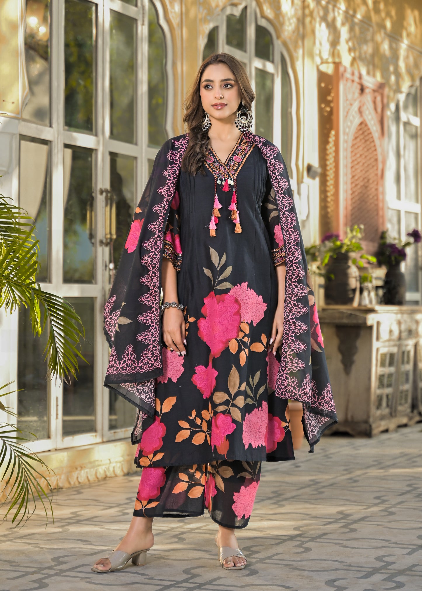 Floral Cotton Kurta Pant Dupatta Set with Pintuck Design Thread and Sequence Work for Women