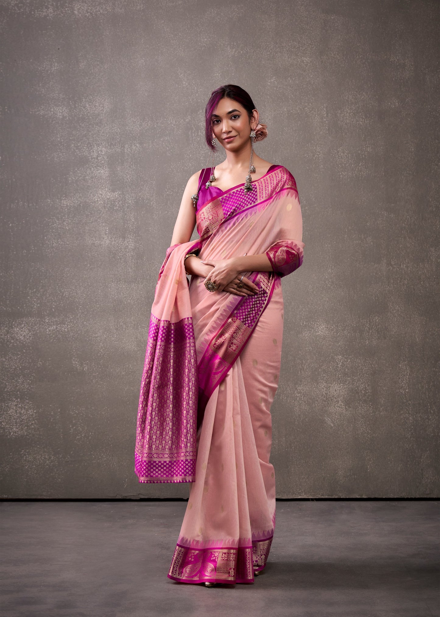 royal modal cotton saree with zari border and contrast blouse – festive ethnic wear for women