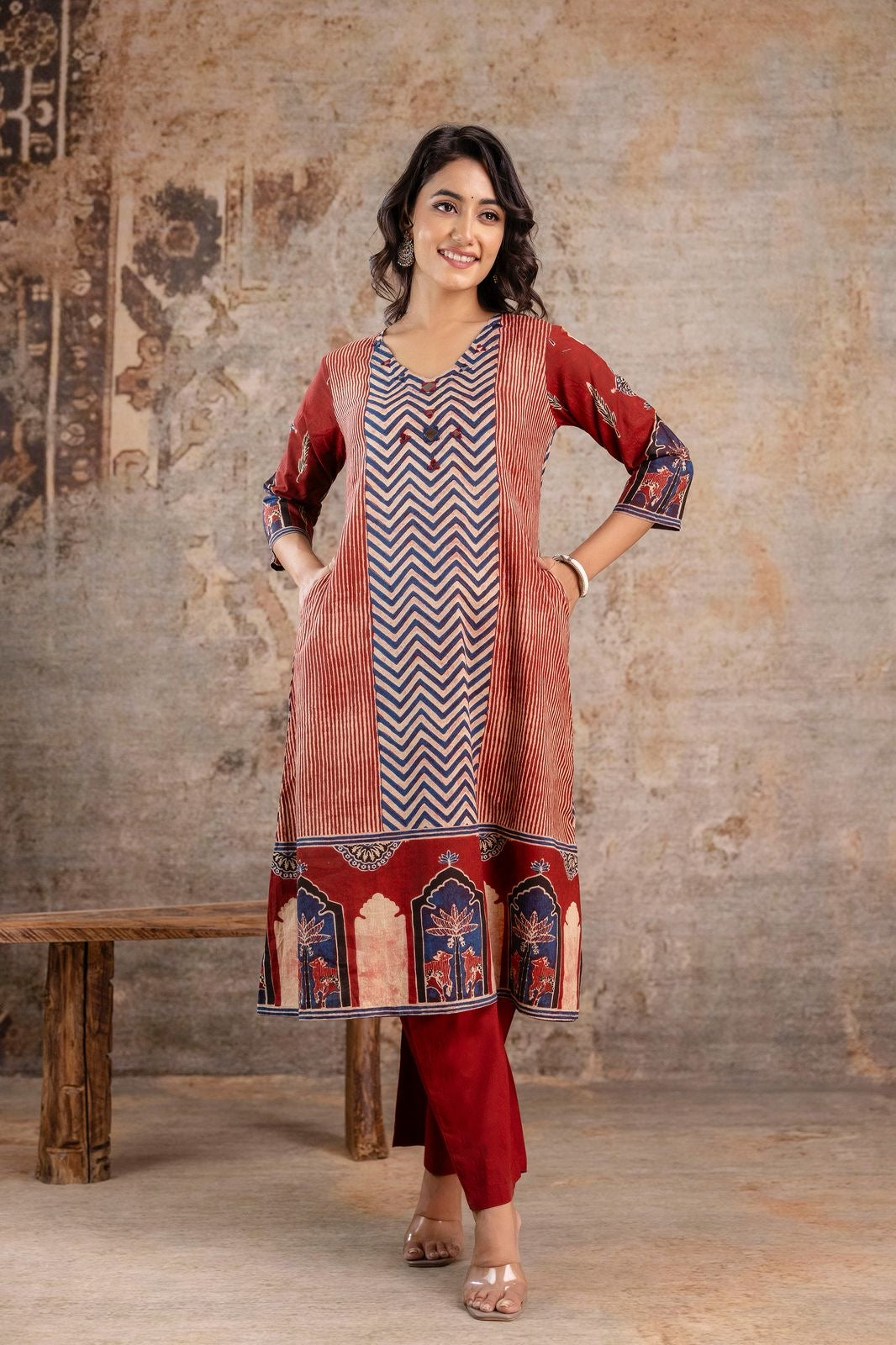 Jaipuri Cotton Kurti Pant Set for Women with Chevron Print and Mughal Border – Sizes 38 to 46