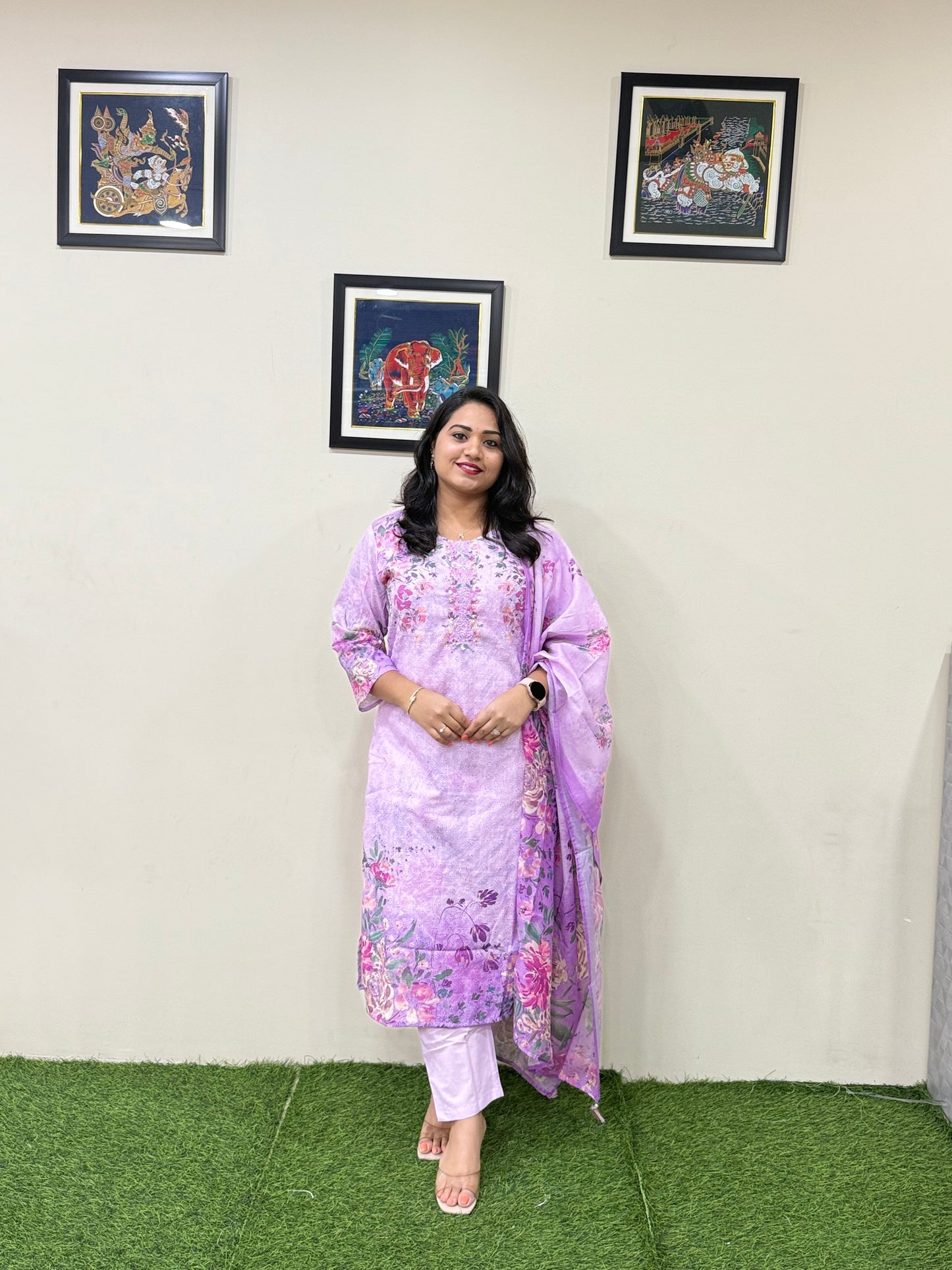 Women’s Linen Schiffli Embroidered Kurta Set with Cotton Pant and Viscose Mal Dupatta – L to 3XL