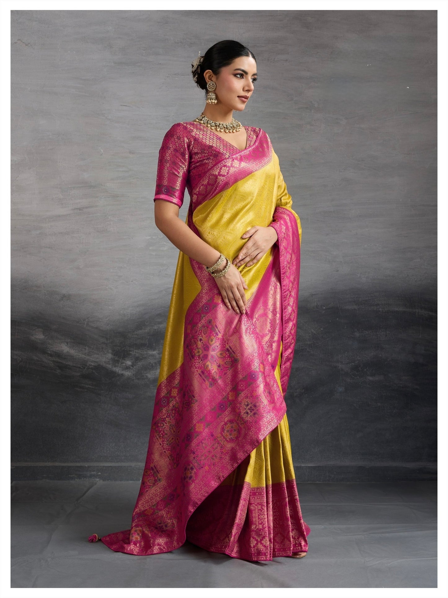 Kanjivaram Soft Silk Saree with Double Zari Kadiyal Border, Meenakari Pallu and Brocade Blouse