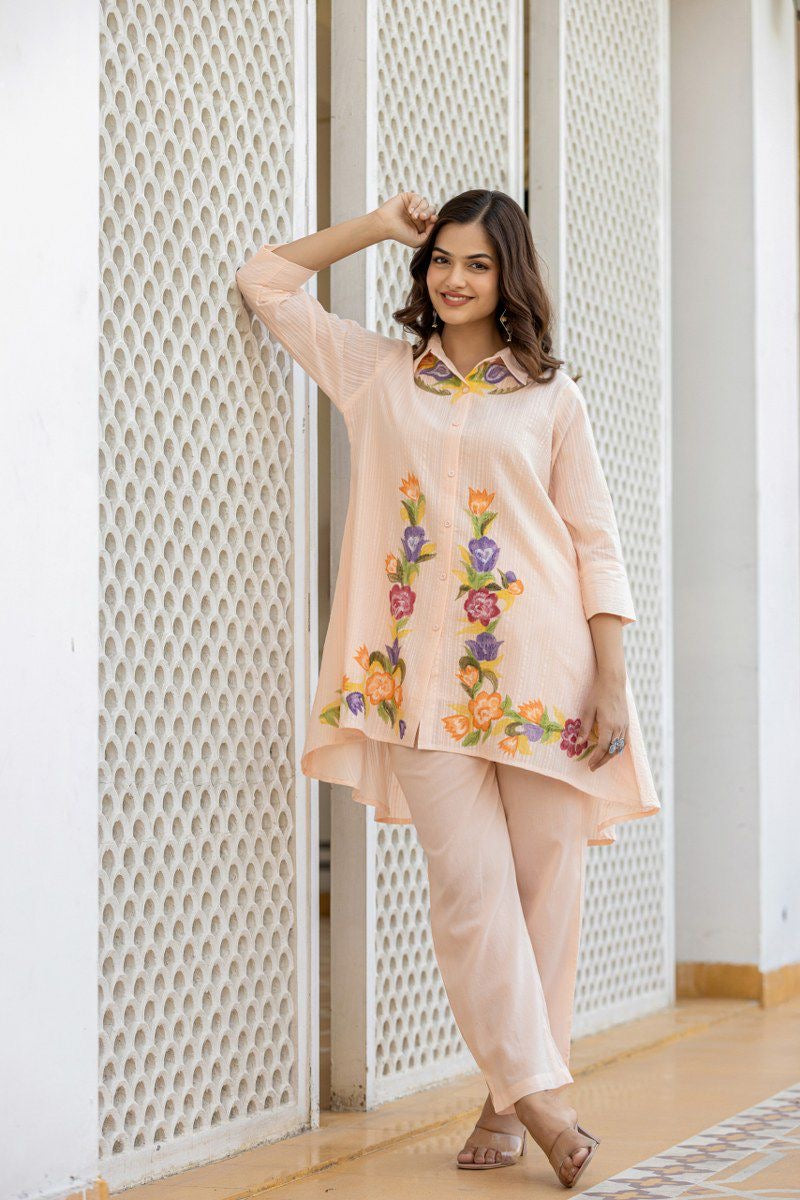 Cotton co-ord set for women with embroidered top and bottom – fully stitched ethnic casual wear