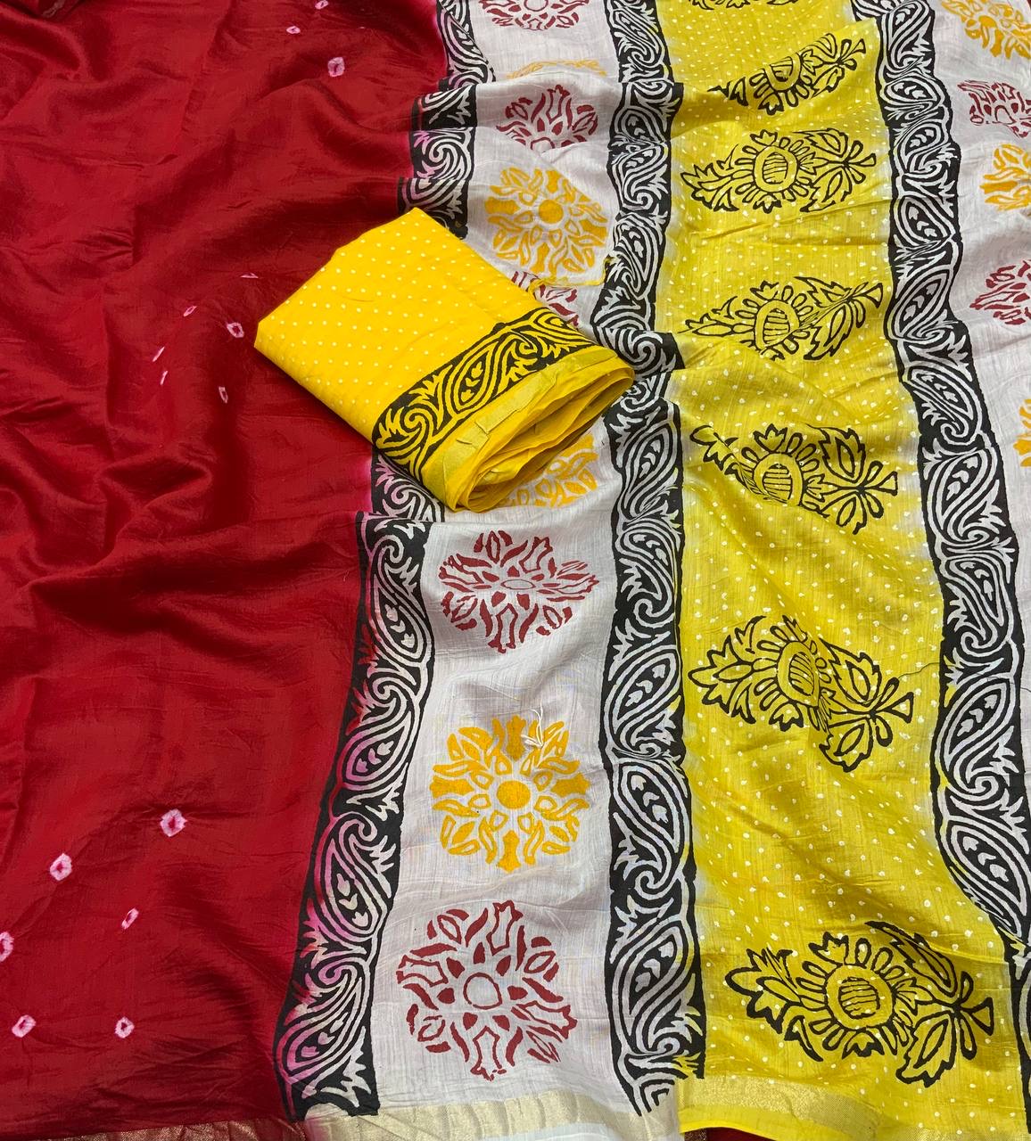 Exquisite Handcrafted Bandhani and Block Print Chanderi Cotton Saree