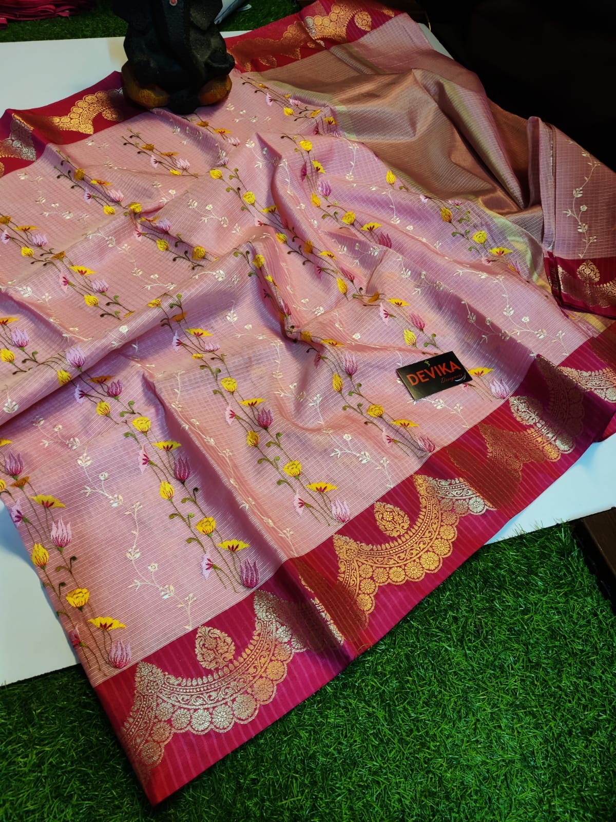 Banarasi Handloom - New Arrivals - Kota Check fabric and intricate multi-color Mina embroidery
