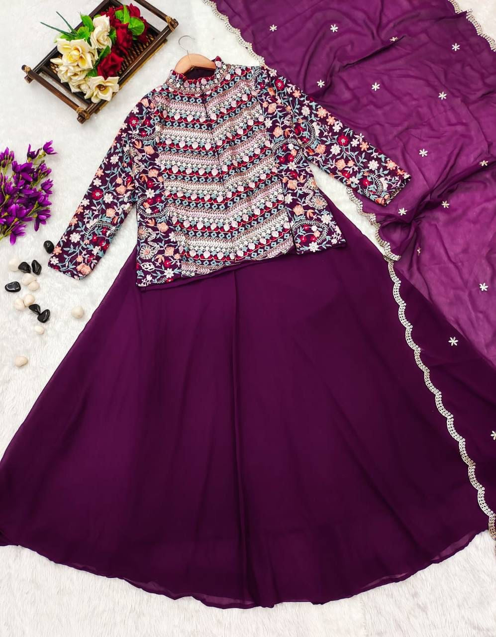 Georgette Embroidered Peplum Top with Bottom and Cutwork Dupatta for Women – Sizes S to XXL