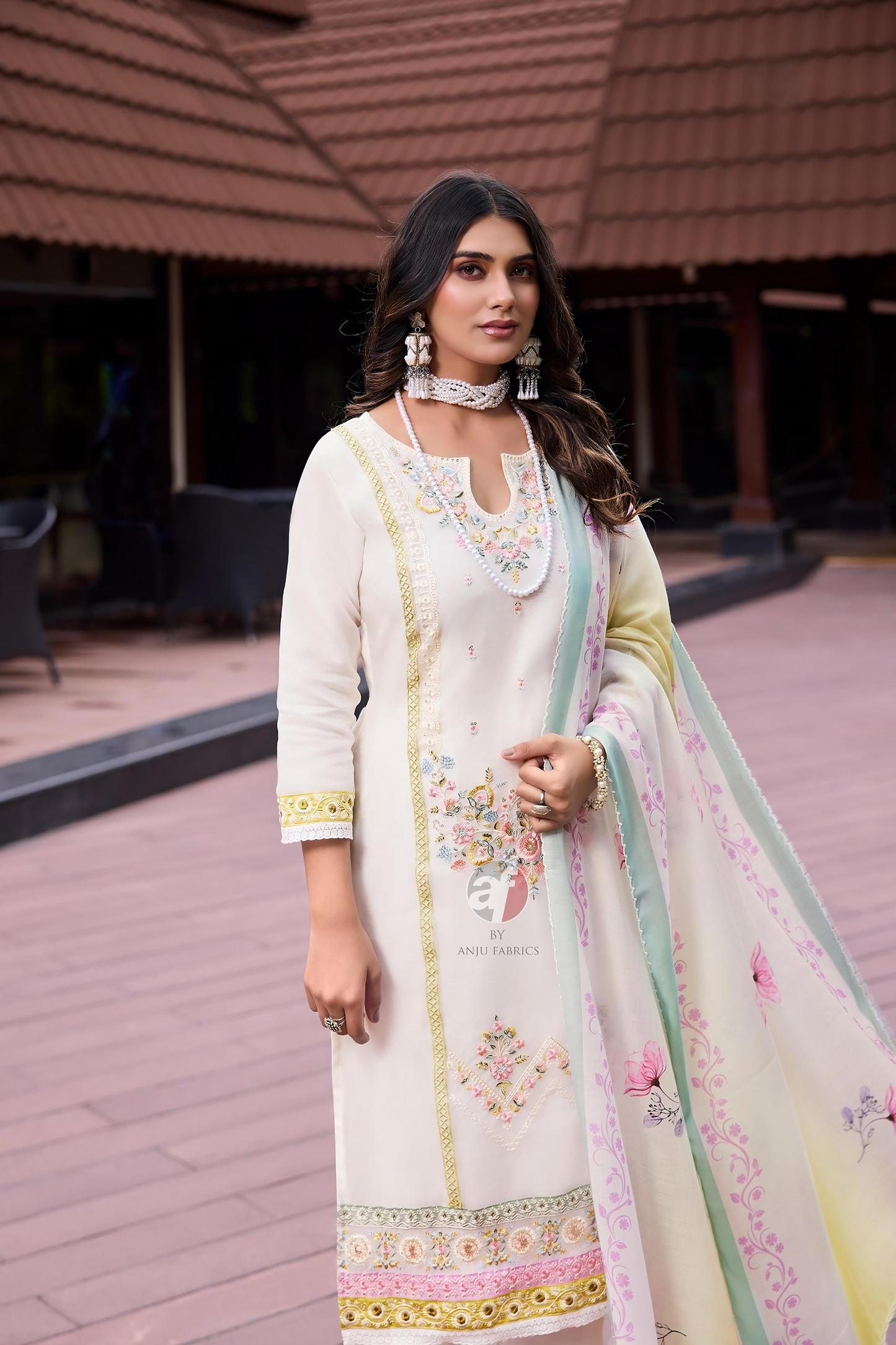 Organza Embroidered Kurti Pant Set with Sequins and Printed Cotton Dupatta for Women