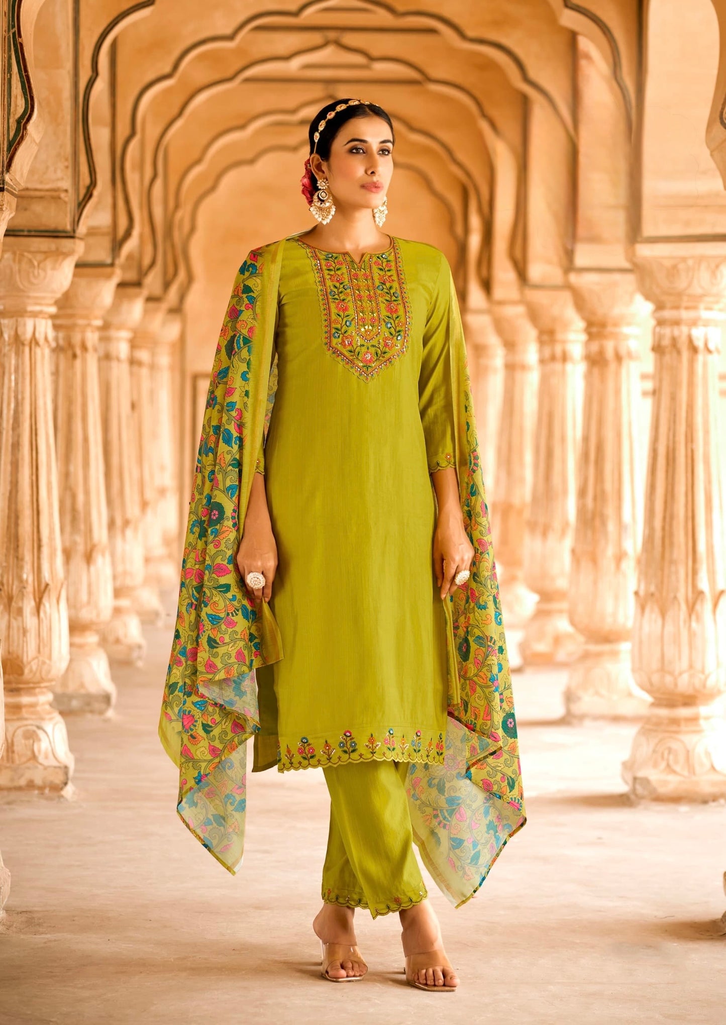 Viscose Embroidered Kurta Pant Dupatta Set with Khatli Mirror Work and Digital Print Dupatta – L to 3XL