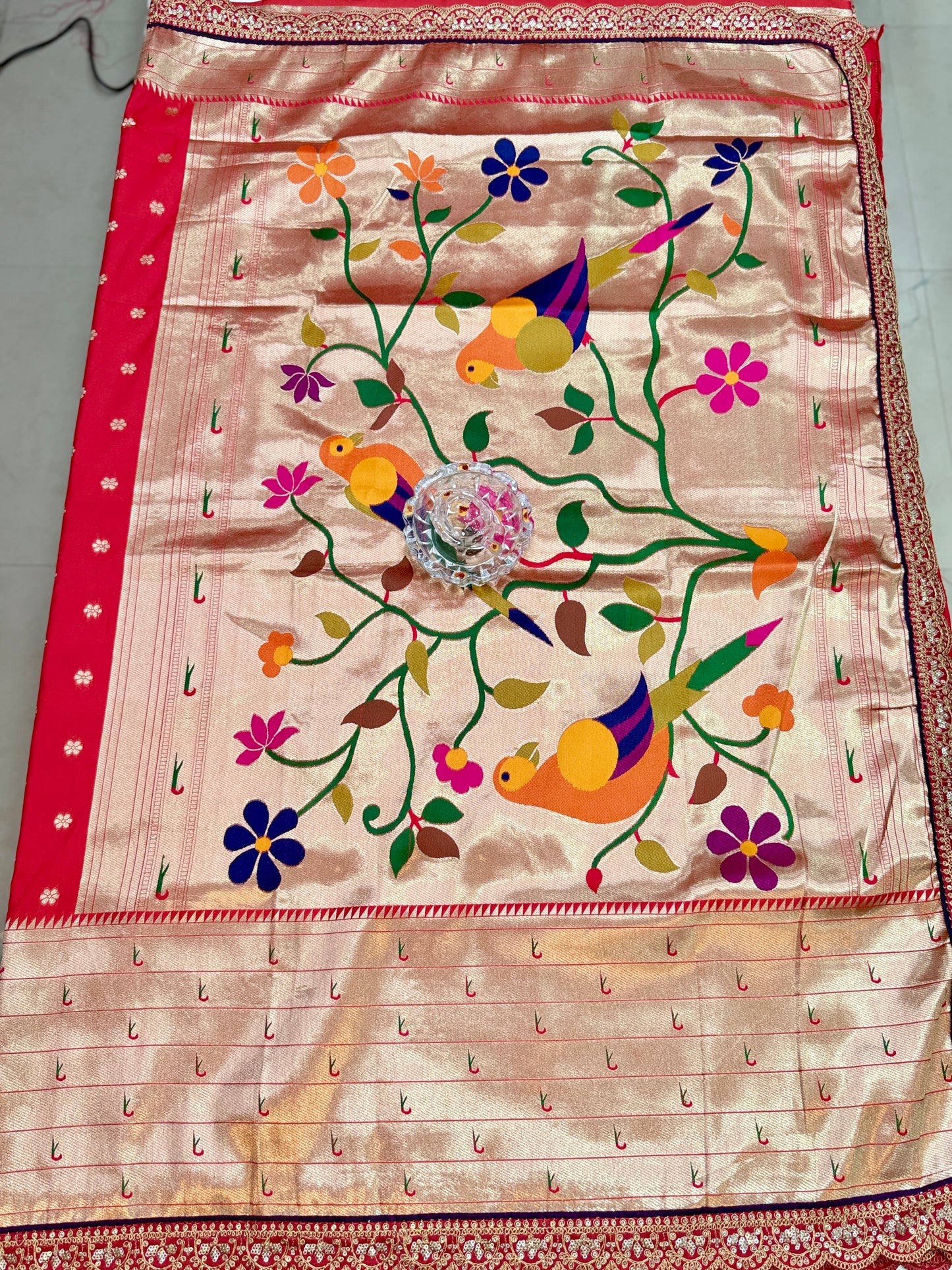 Paithani Lace Border Saree with Parrot Motifs and Contrast Blouse