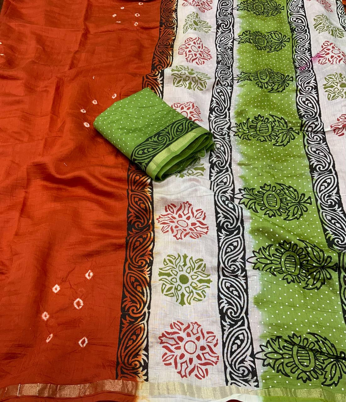 Exquisite Handcrafted Bandhani and Block Print Chanderi Cotton Saree