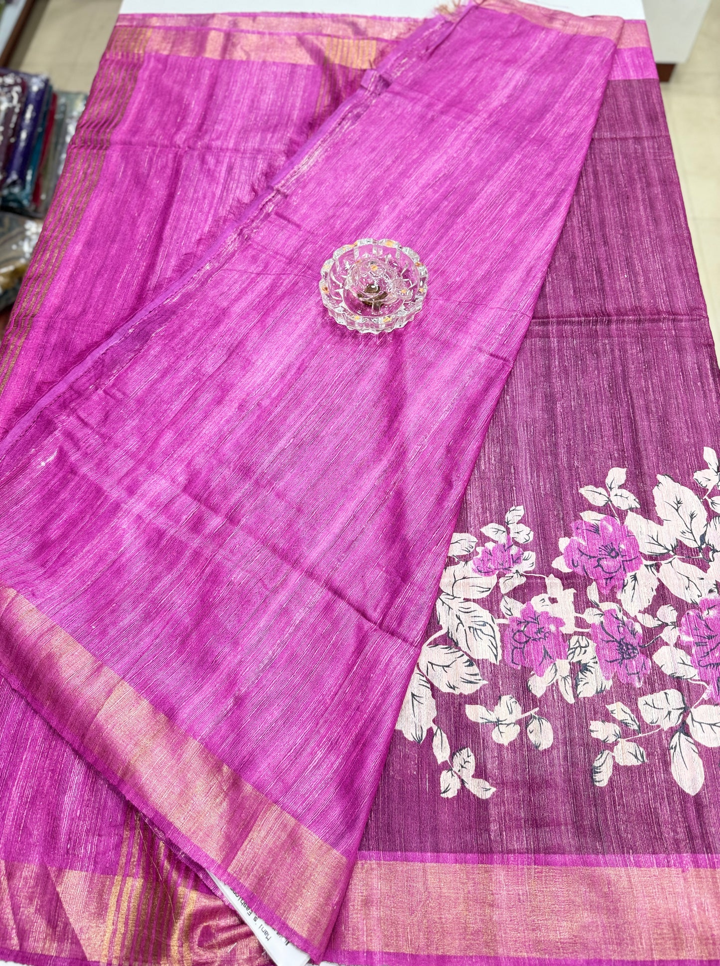 Pure Tussar Ghicha Silk Saree with Zari Border and Printed Design – Silk Mark Certified Handloom Saree