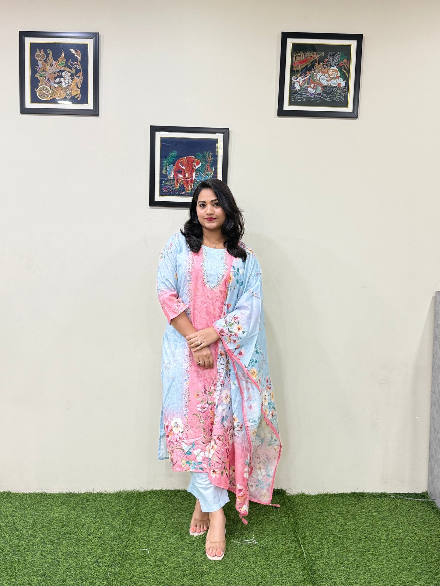 Women’s Linen Schiffli Embroidered Kurta Set with Cotton Pant and Viscose Mal Dupatta – L to 3XL