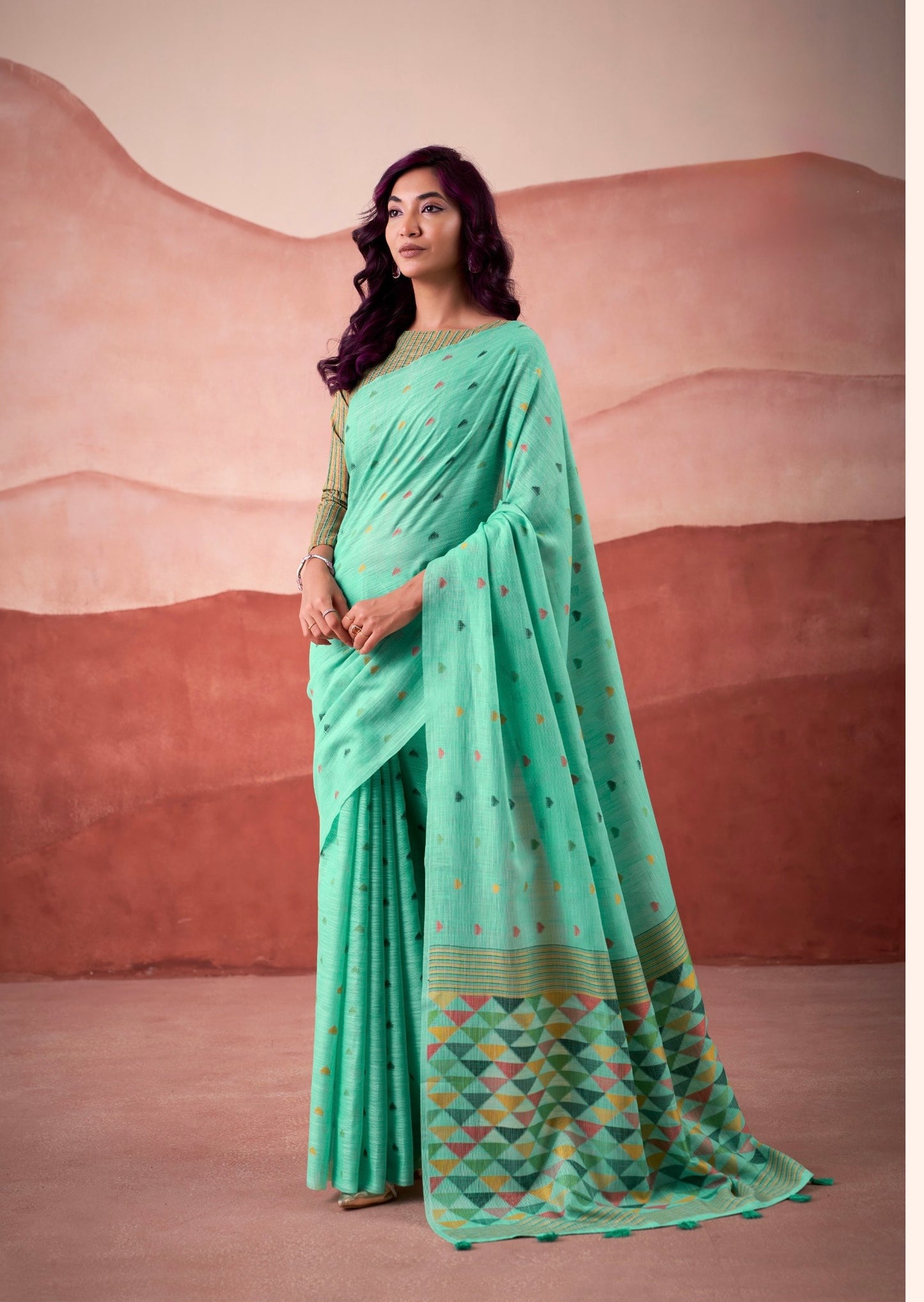 linen silk printed saree with geometric pallu and multicolor motifs – ethnic wear for women