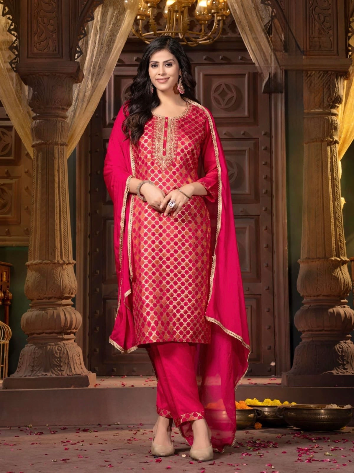 Russian Silk Jacquard Kurta Pant Dupatta Set with Chinon Dupatta – Plus Sizes XL to 3XL