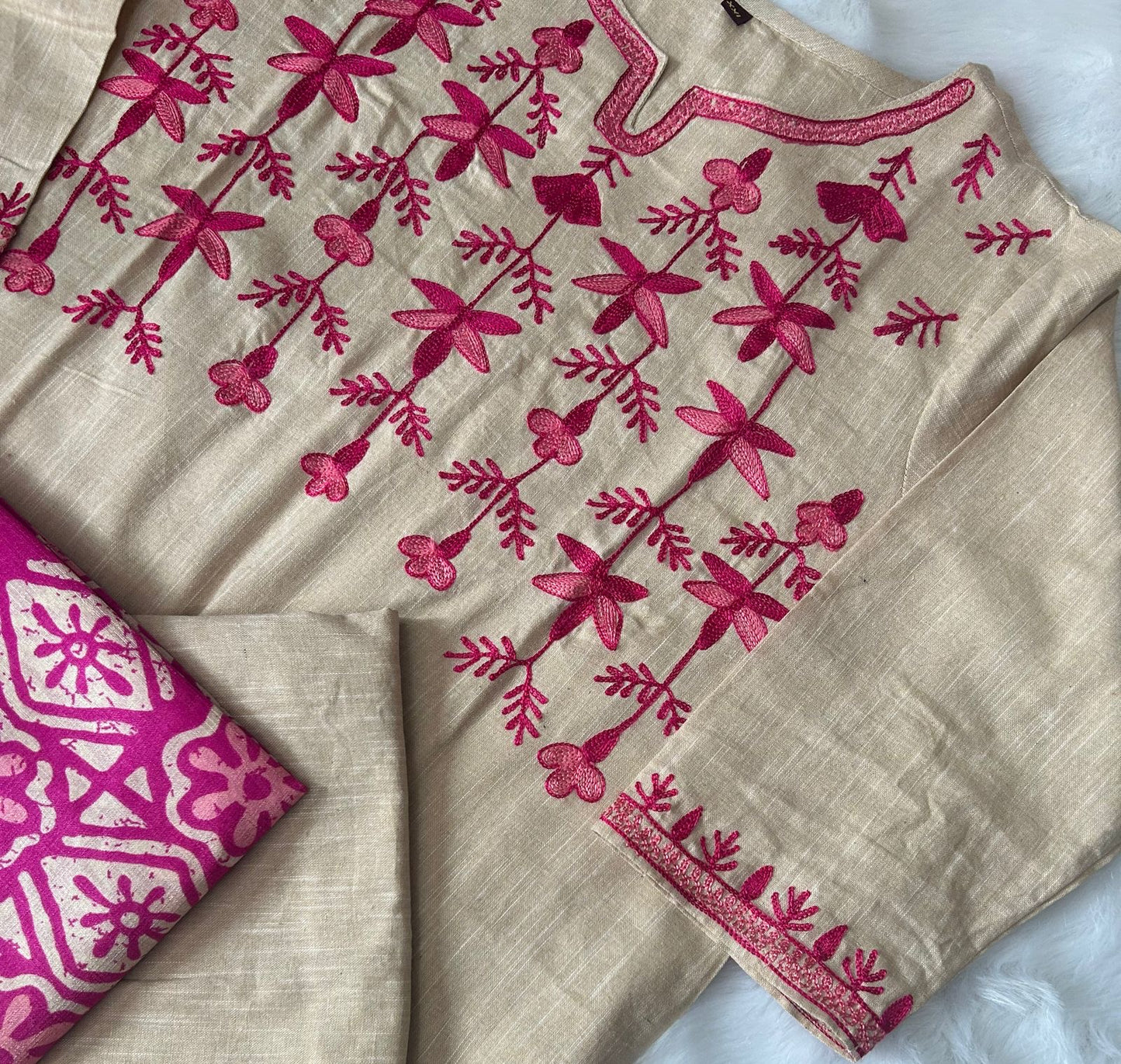 Handloom South Cotton Kurta Pant Set with Aari Embroidery and Silk Dupatta for Women