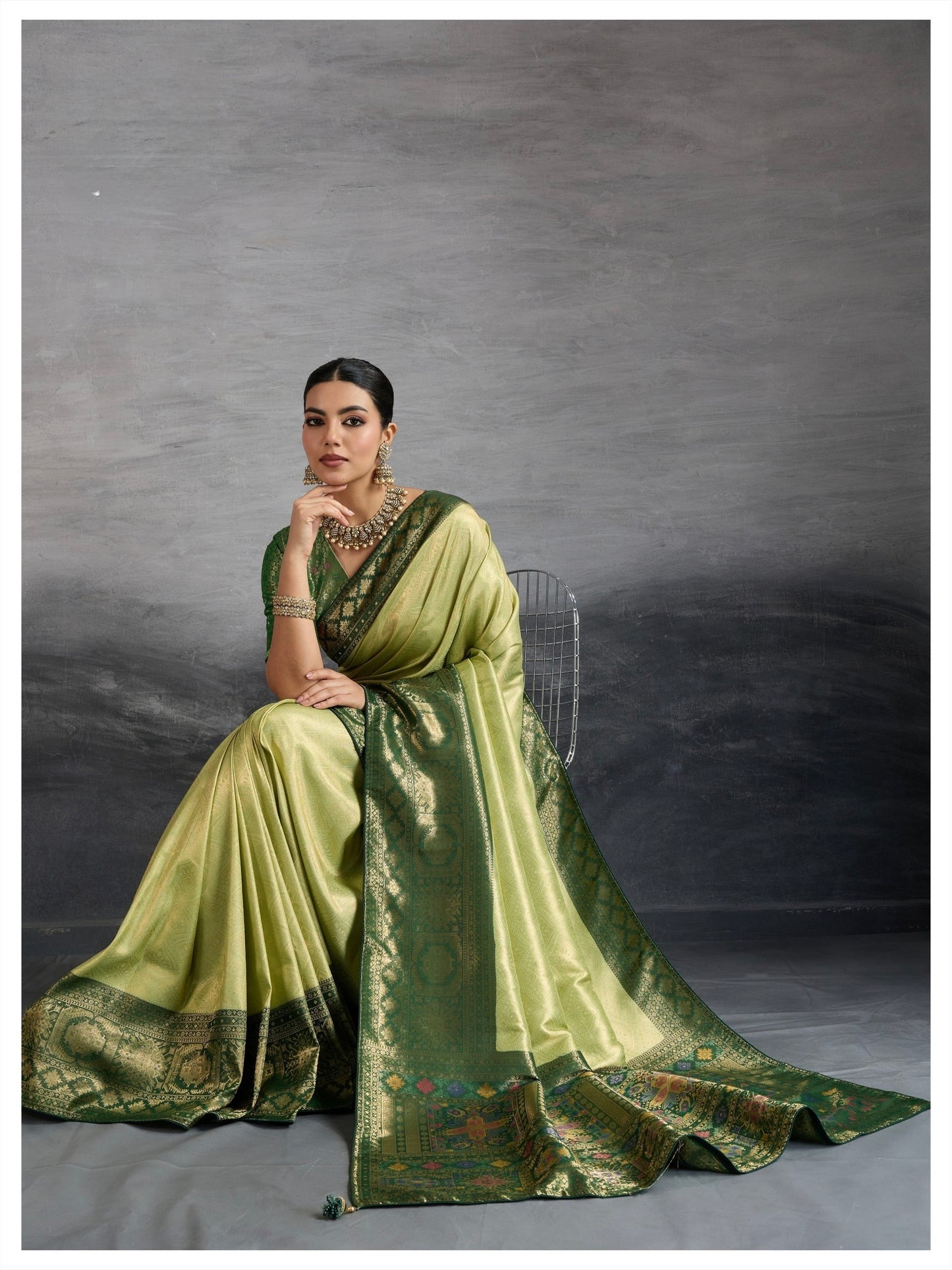 Kanjivaram Soft Silk Saree with Double Zari Kadiyal Border, Meenakari Pallu and Brocade Blouse