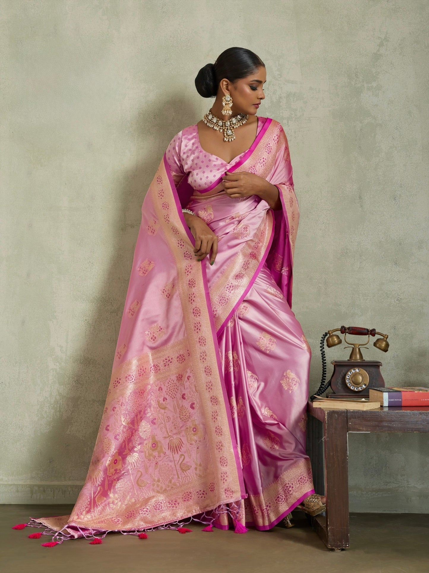 Satin Silk Saree with Zari Weaving and Meenakari Pallu for Women