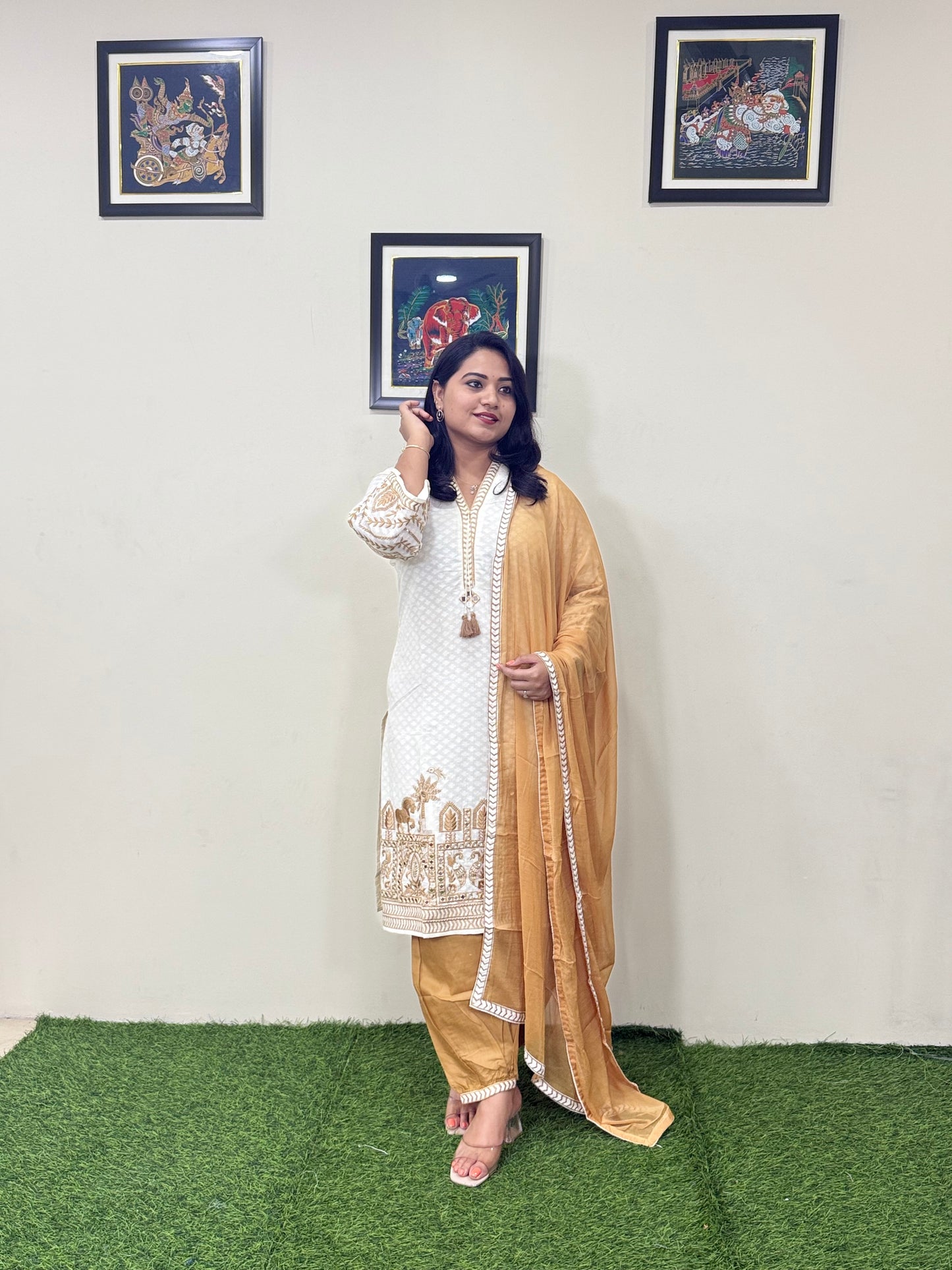 Cotton Dobby Kurti Afghani Pant Dupatta Set with Mirror Hand Work and Chiffon Dupatta for Women