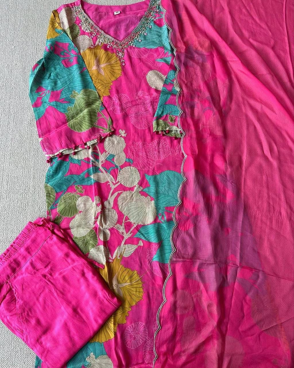 Pink Chinnon Alia Cut Kurta with Pant and Dupatta – Women’s Festive Suit Set (M to 2XL)