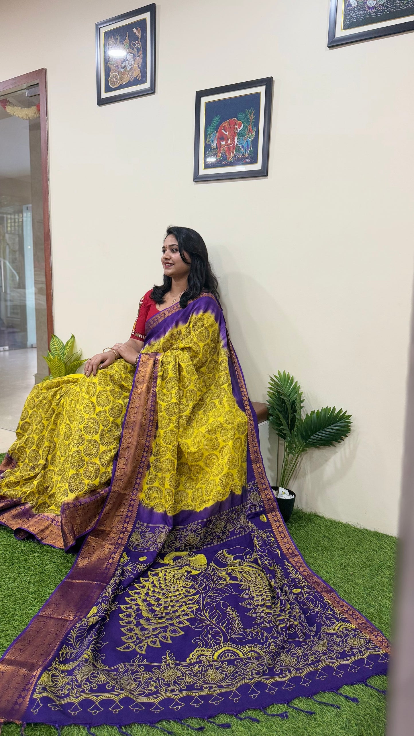 Exquisite Chennuri Pure Silk Saree with Kanchi Borders & Outline Kalamkari Designs
