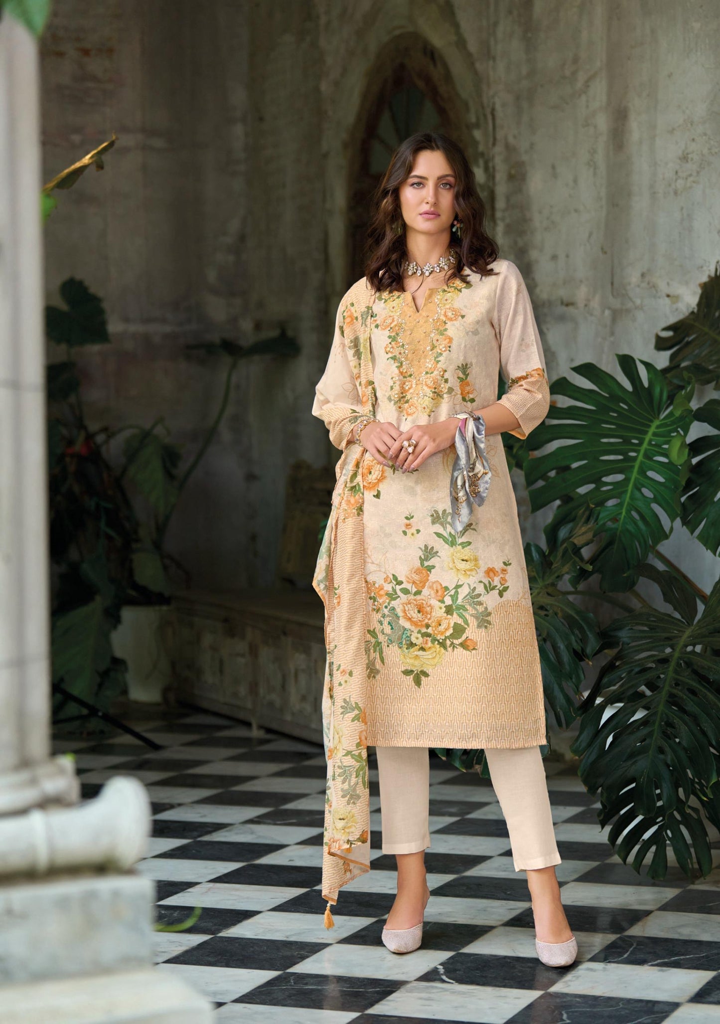 Women’s Linen Schiffli Embroidered Kurta Set with Cotton Pant and Viscose Mal Dupatta – L to 3XL