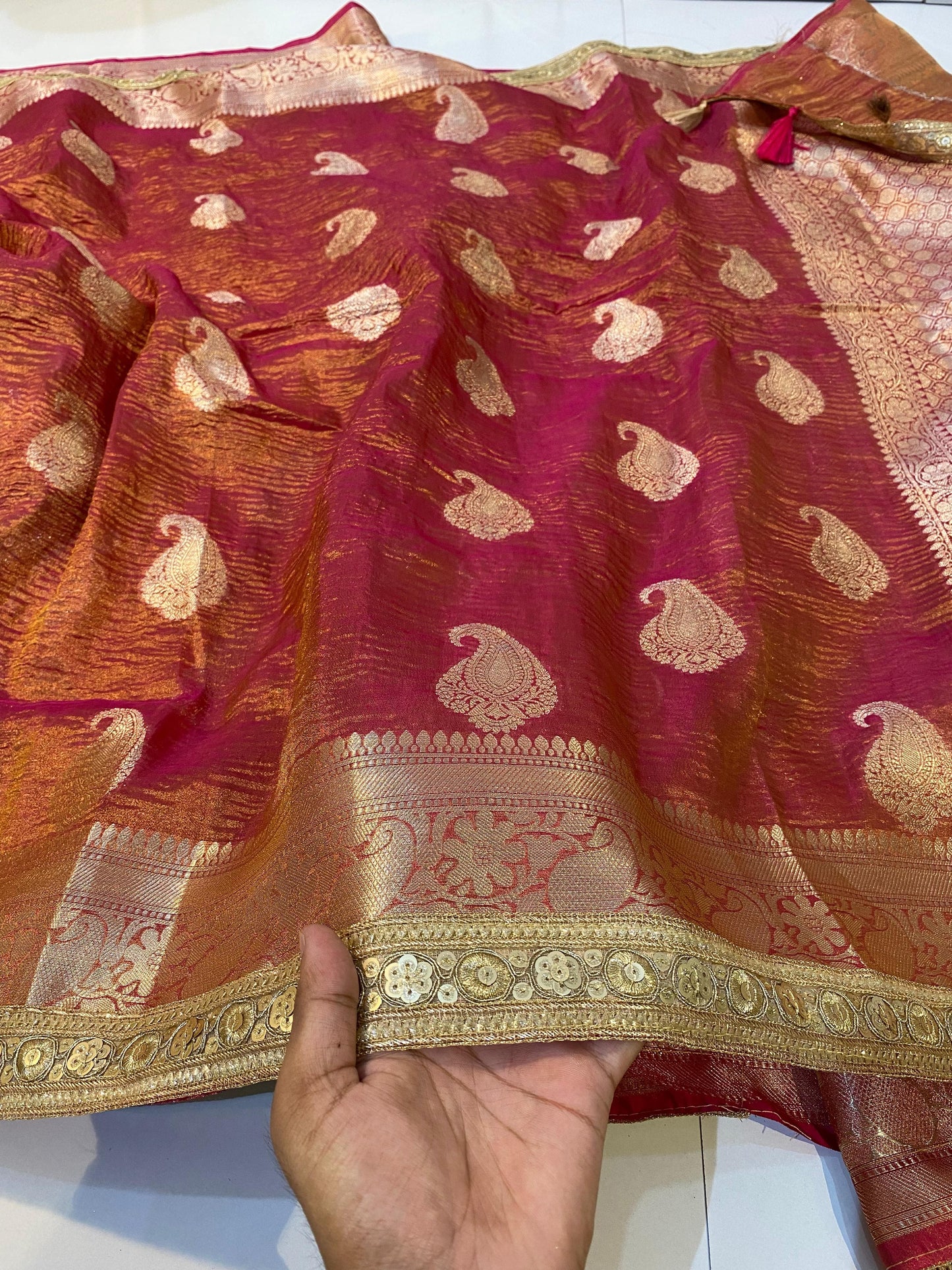 Most Demanded Pattern Banarasi Tissue Crush Silk Saree - No COD for This product
