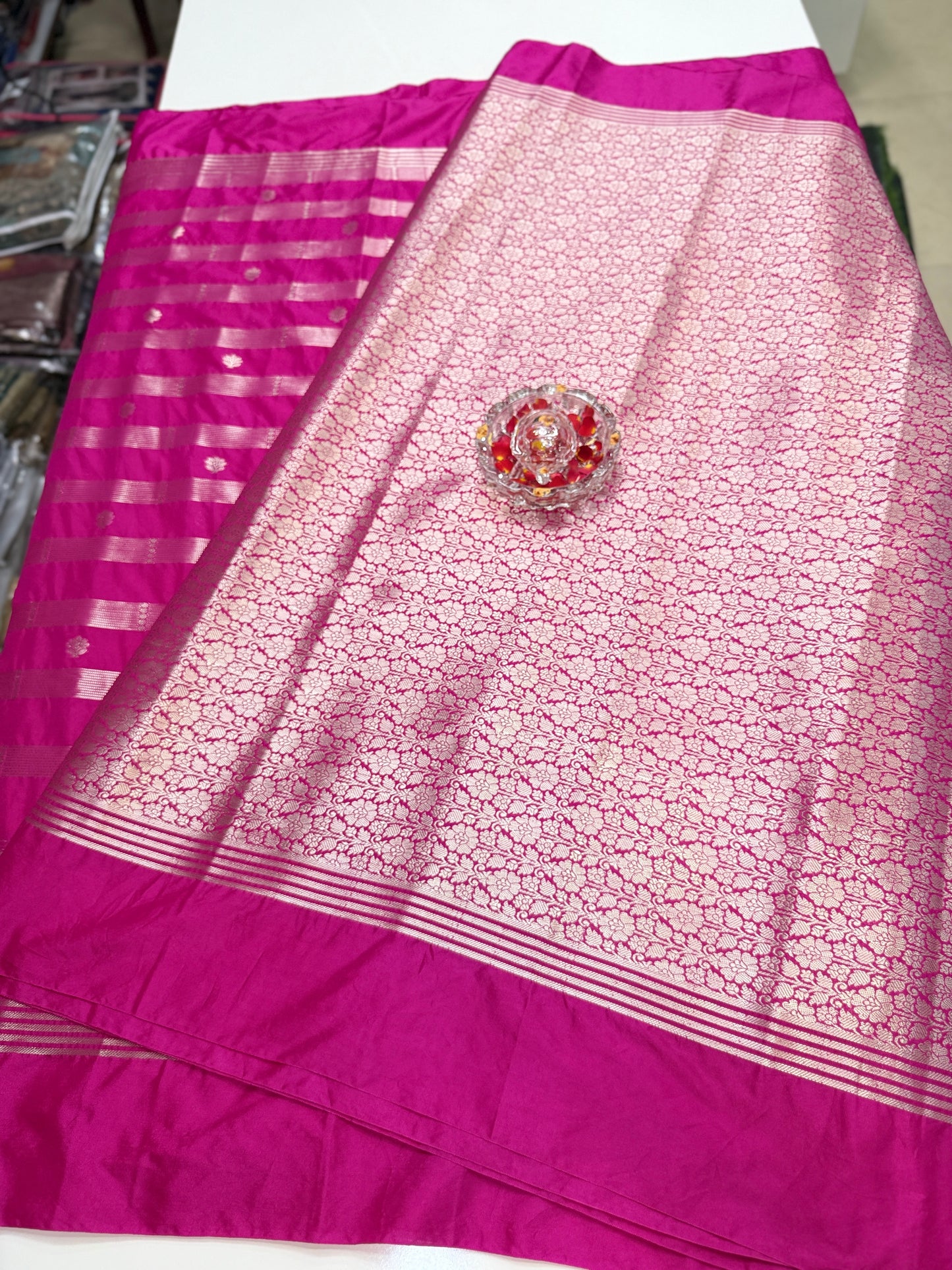 Banarasi Semi Katan Silk Saree with Meenakari Satin Border and Gold Zari Weaving – Traditional Festive Saree for Women
