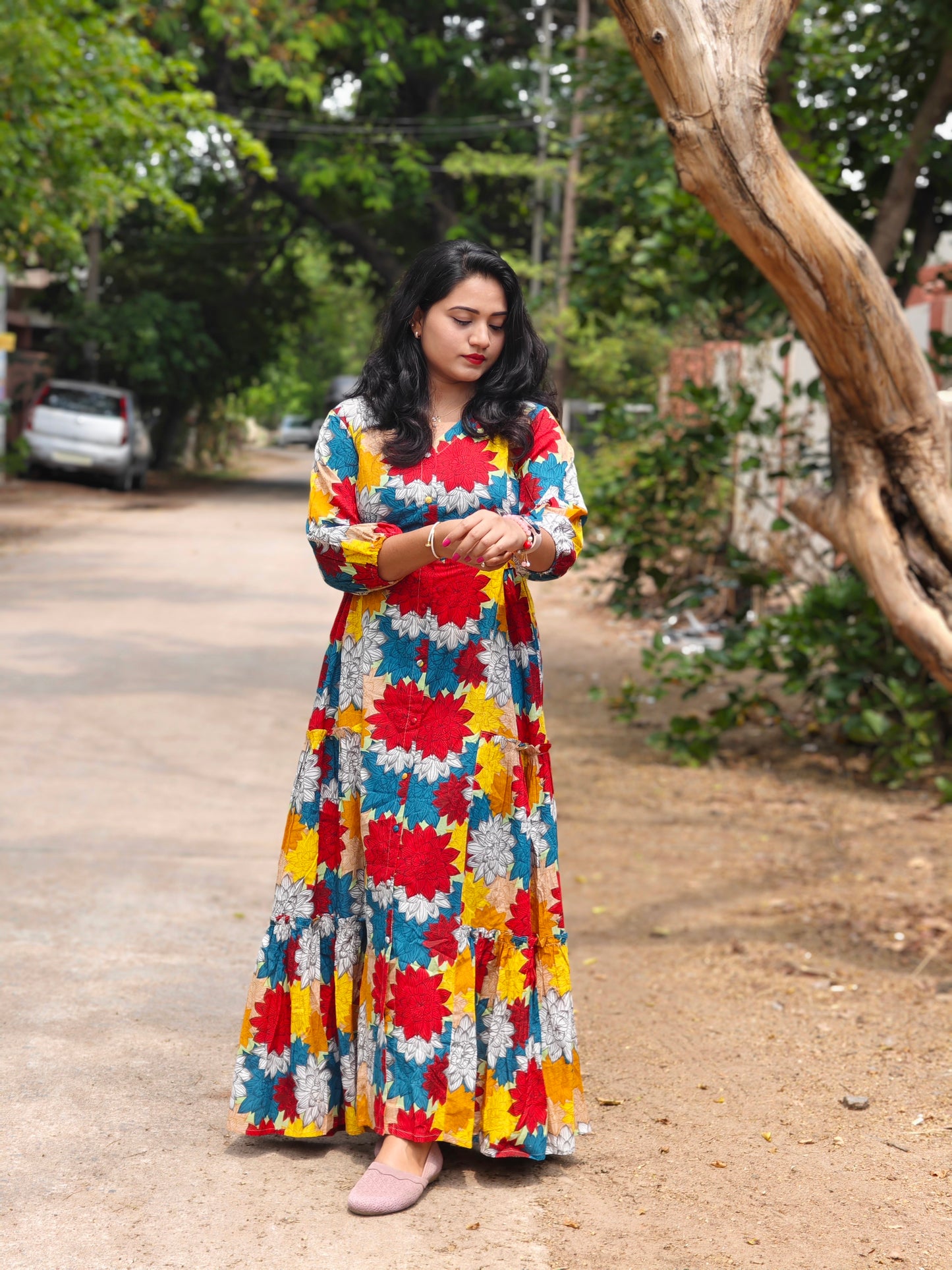 Radiant Blooms Floral Panelled Flared Dress MF4410