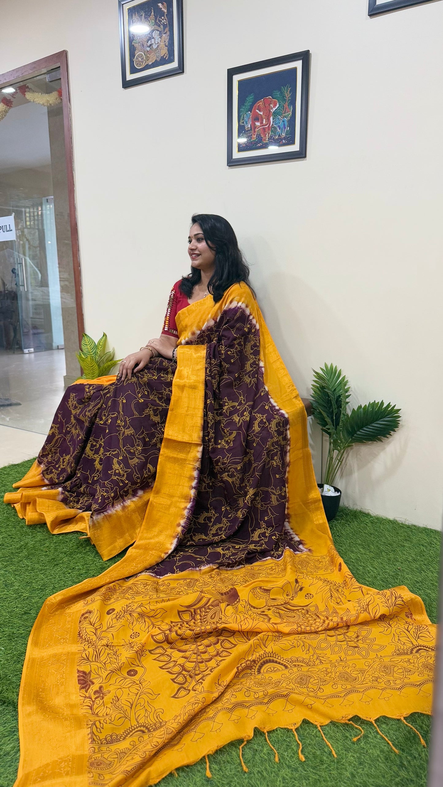 Exquisite Chennuri Pure Silk Saree with Kanchi Borders & Outline Kalamkari Designs