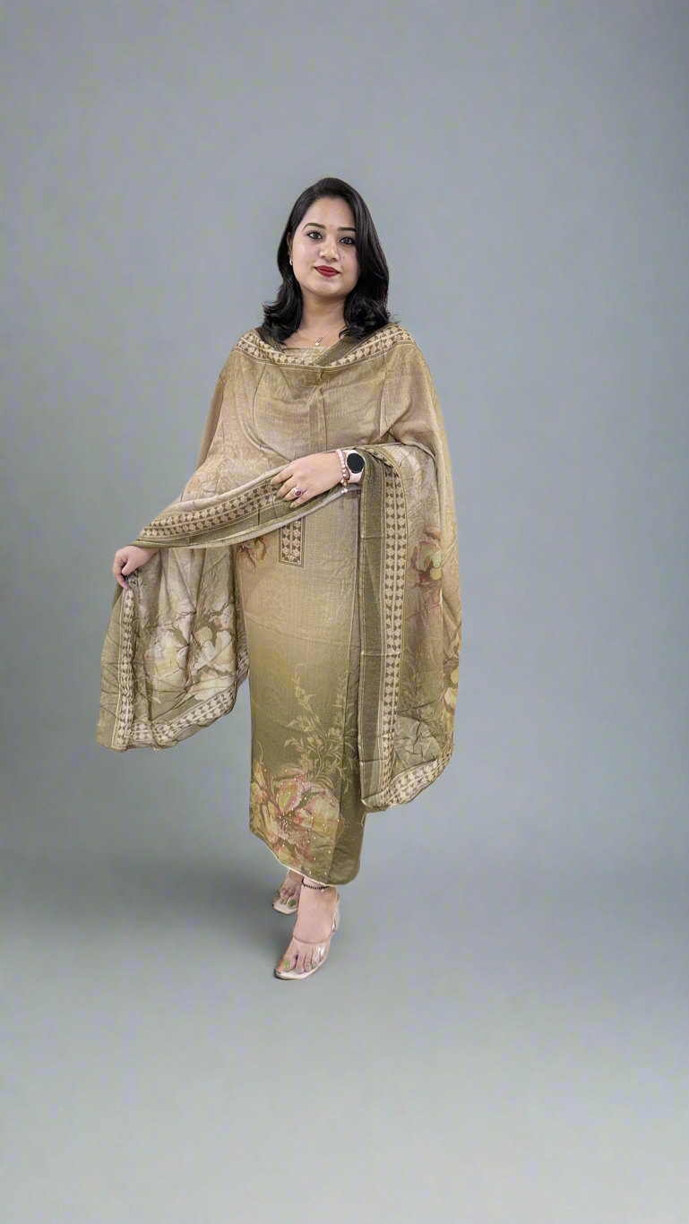 Pure Viscose Muslin Shimmer Fabric with Digital Printing, featuring Heavy Aari Sequence Mirror Work